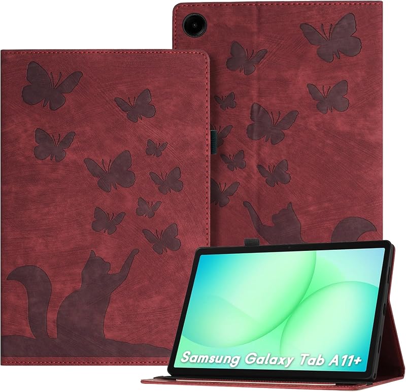 Cover Compatibile con Samsung Galaxy Tab A11+/A11 Plus 2025 11 Pollici SM-X230 SM-X235 SM-X236B In Rilievo Pelle PU Retrò Custodia di Tablet con Supporto per Penna, Rosso