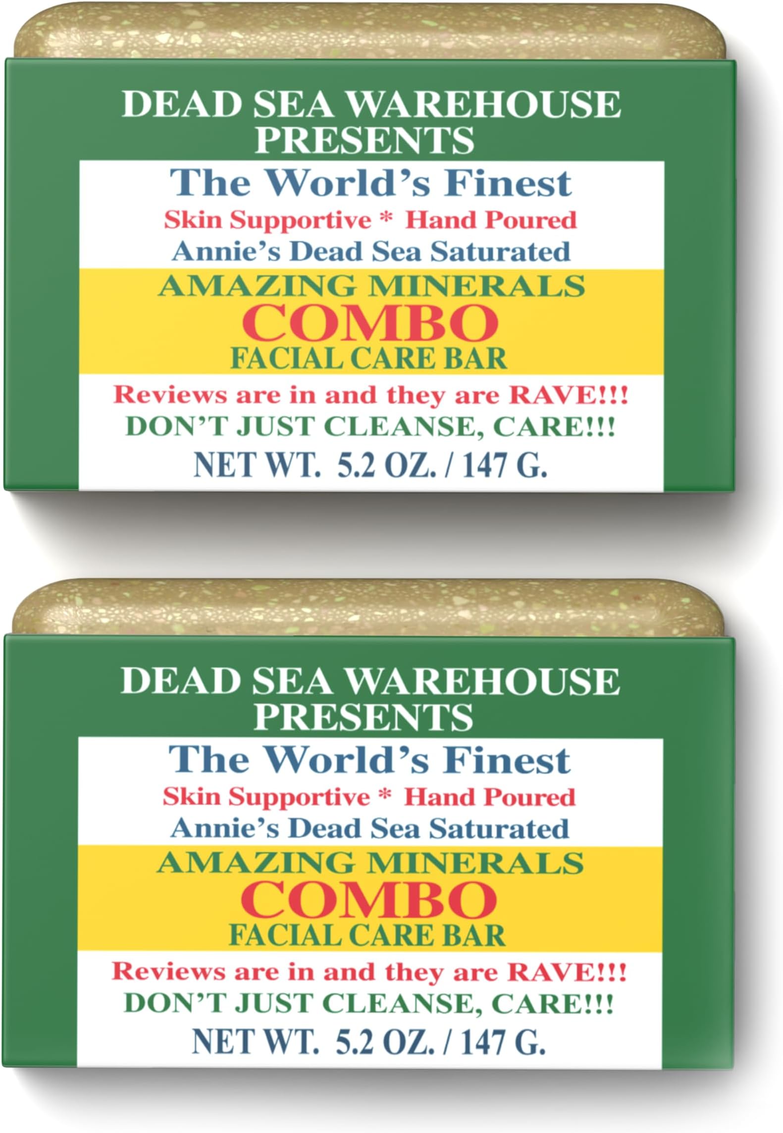Dead Sea Warehouse - Dead Sea COMBO Facial Care Bar - Face Soap for Women and Men - Clarifying Dead Sea Mud & Salt Soap for Combination Skin, Handmade & Unscented, 5.2 Ounce 2-Pack