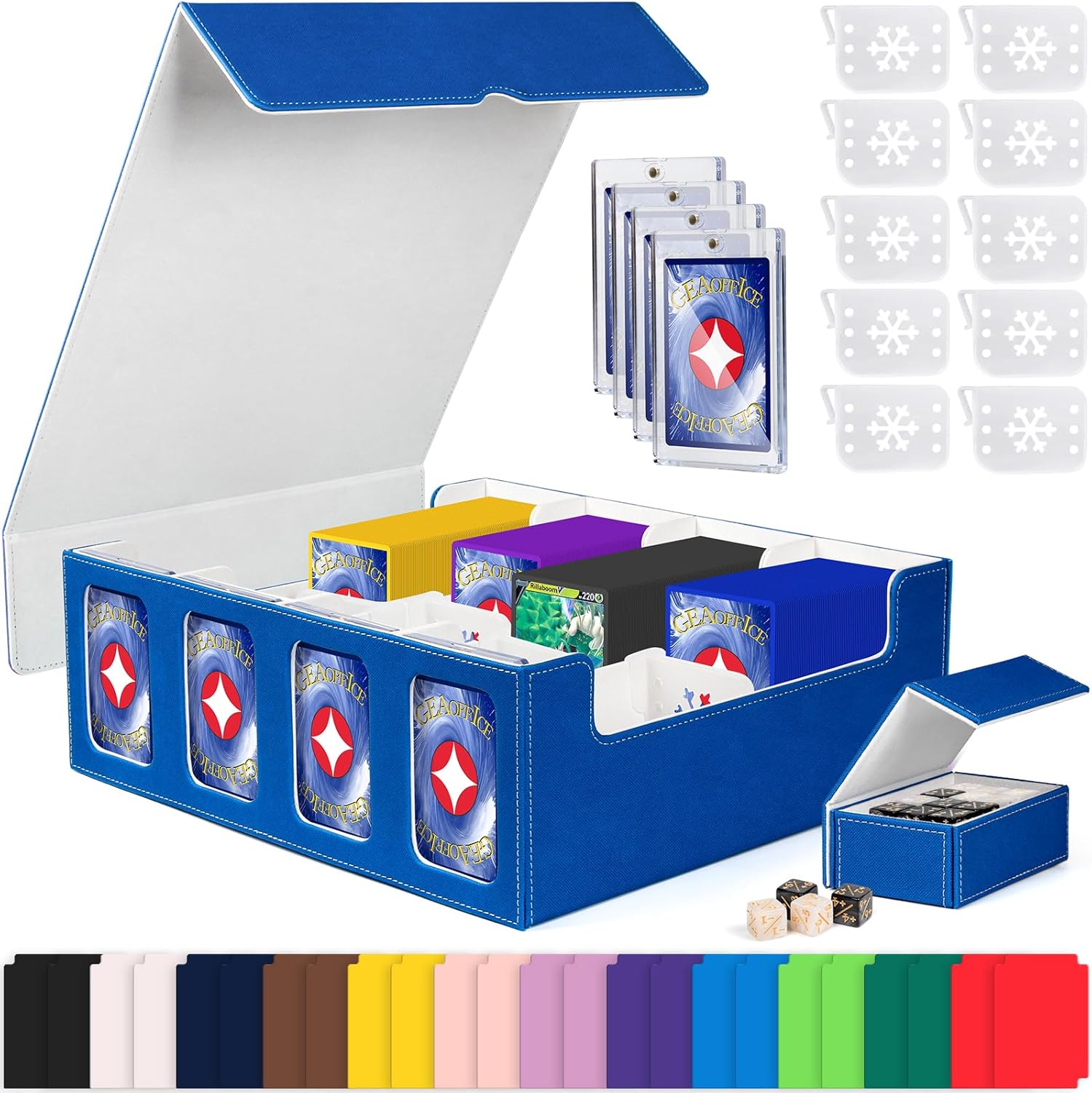 GEAoffice Trading Card Storage Box with Commander Display, 3200+ Card Deck Case with Magnetic Removable Lid, 4-Row Deck Box for MTG/TCG/Sports/Games, 10 Stoppers, 24 Dividers, 1 Dice Tray, Blue White