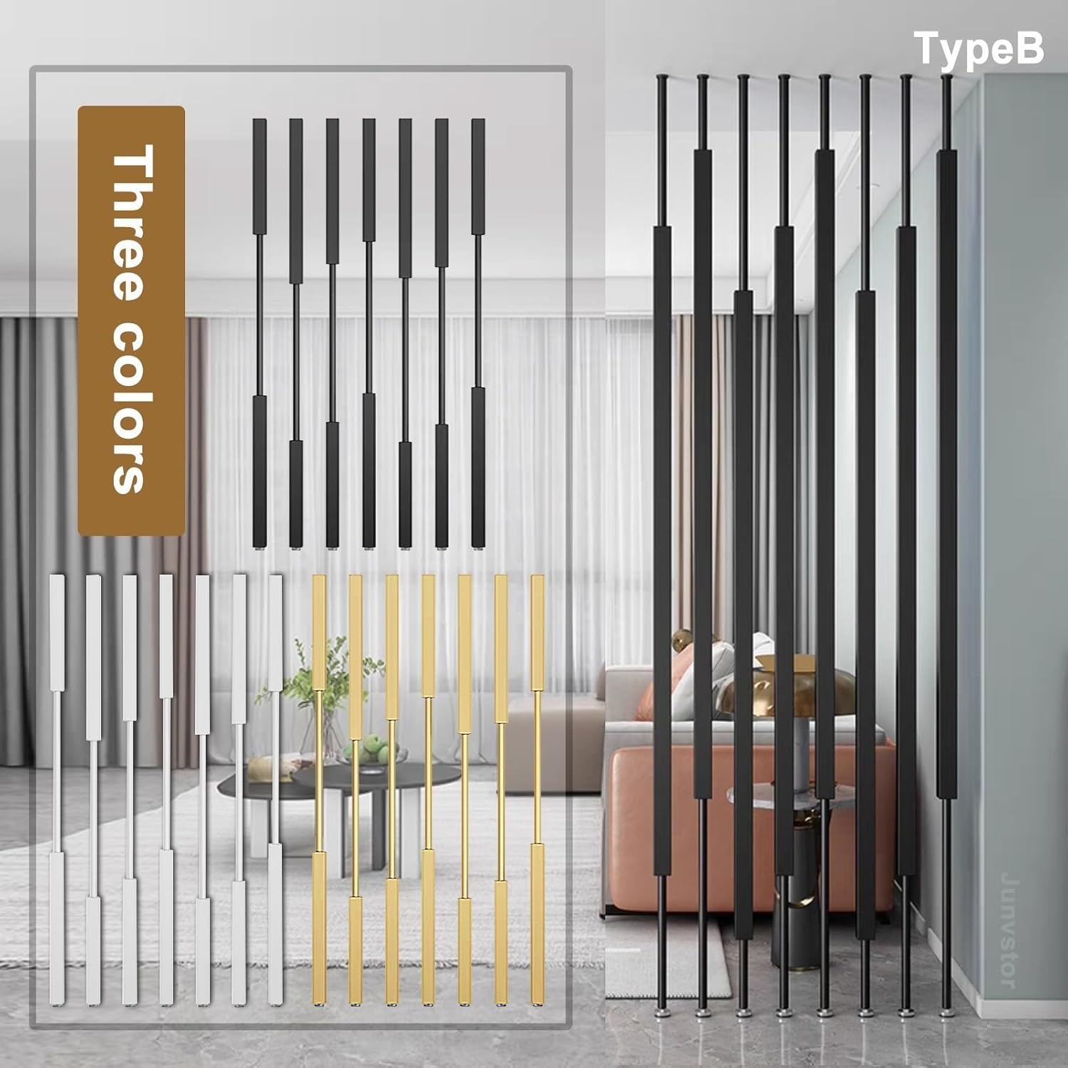 Entrance Hall Partition Screen Column Floor to Ceiling, Freestanding Room Divider Post, Modern Freestanding Metal Slats Privacy Screens Room Partition Post(8pcs-B,240cm/94in/7.9ft)