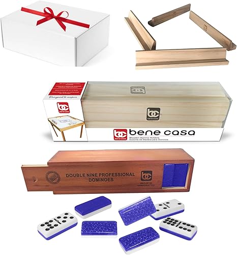 Bene Casa - Juego de dominó doble nueve de alto brillo -Color Azul - Incluye 55 dominóbandejas de dominó de madera - Juego de 4 - Cada bandeja puede
