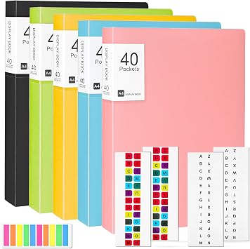 Upgraded  A4 Display Folder,5 Pack 40 Pockets A4 Display Book with Plastic Sleeves, Presentation Folders Document Project Folder for Individuals, School and Offices 5 Colours