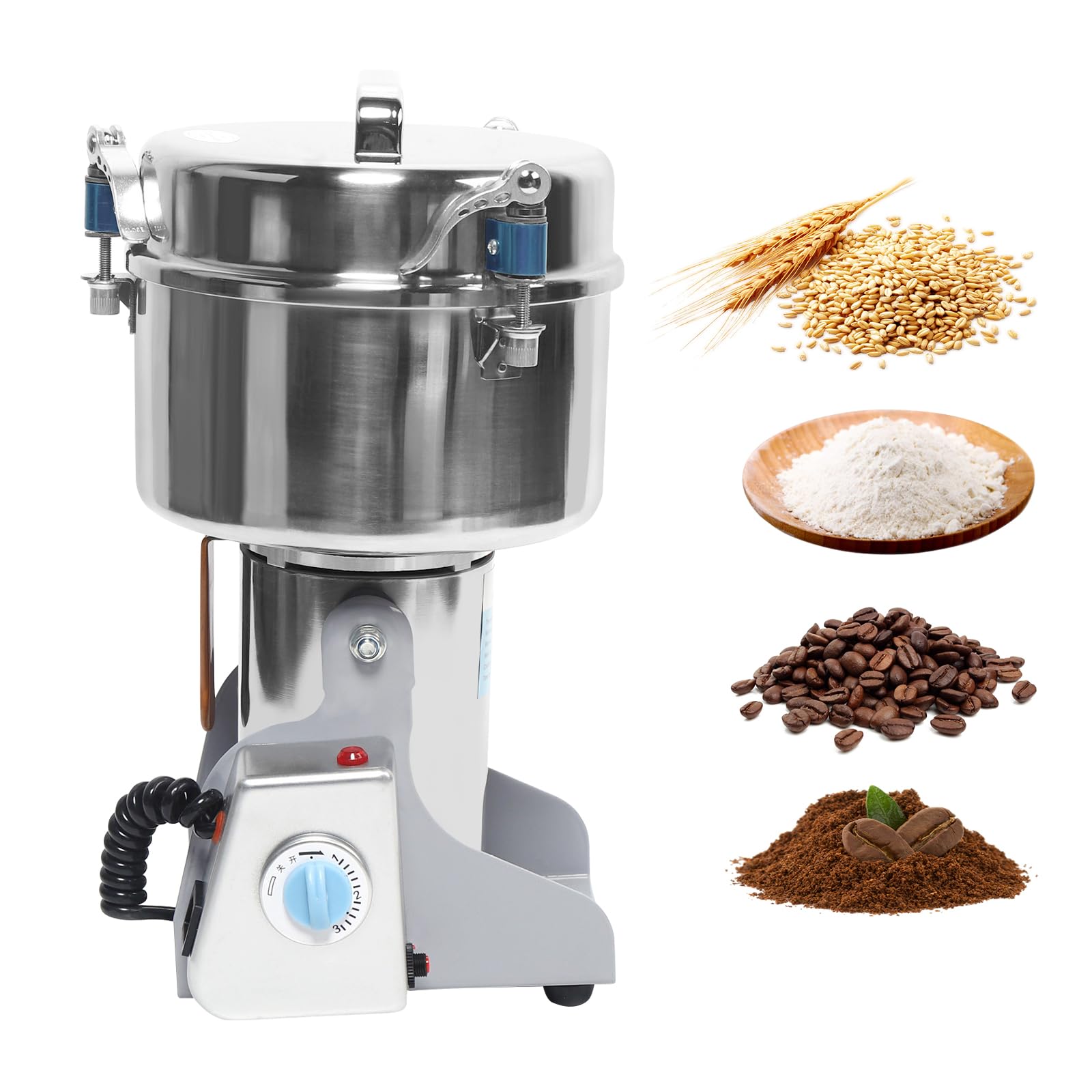 Grain Mill Grinder, Electric Grain Mill, 2500g Commercial Electric Grain Mill Grinder Spice Grinder Flour Mill, Stainless Steel Powder Pulverizer Grinding Machine for Nut Wheat Corn