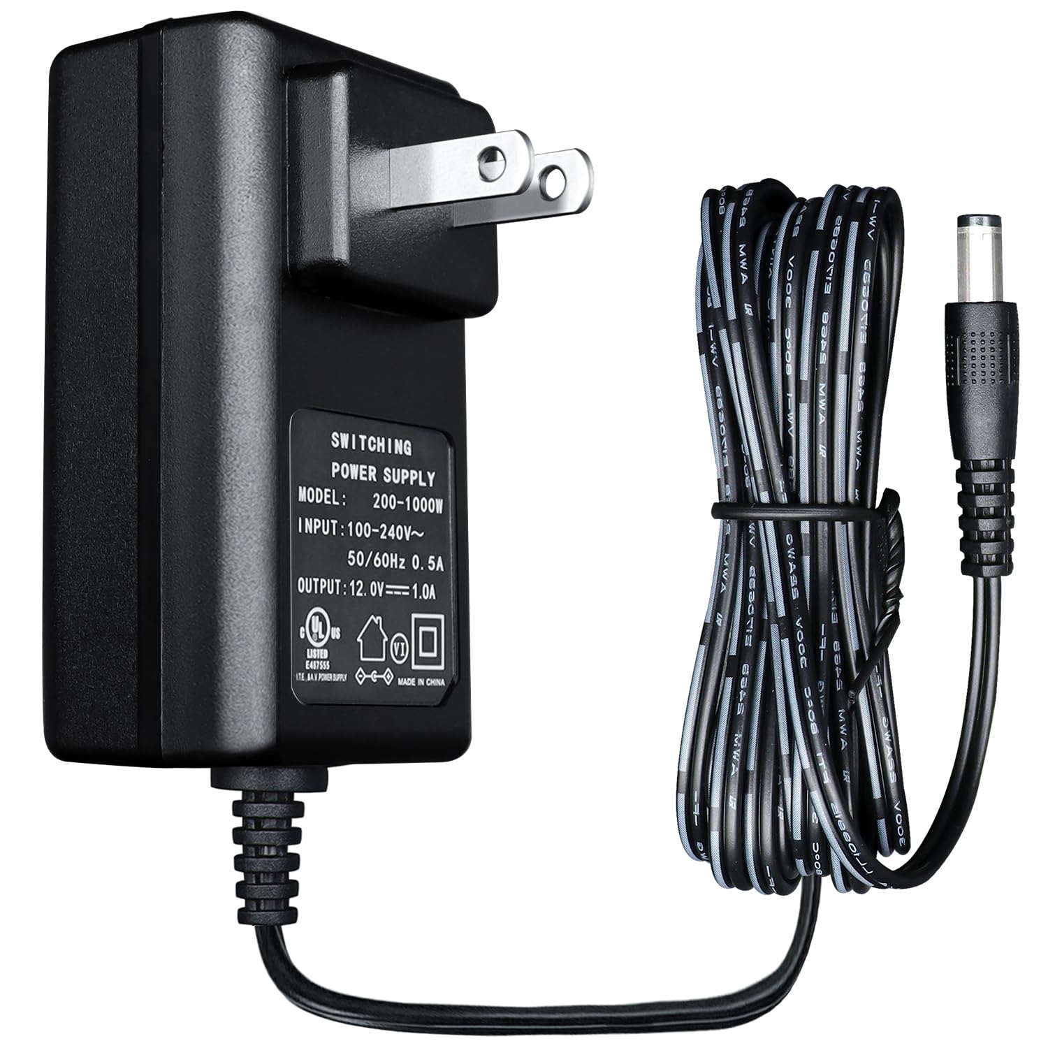 UL Listed 12V 1A 6ft Power Supply Adapter, 100-240V 50/60Hz AC to DC 12V 1000mA 800mA 600mA 500mA 300mA Universal AC Adapter with 5.5mm*2.1mm DC Plug, Center Positive