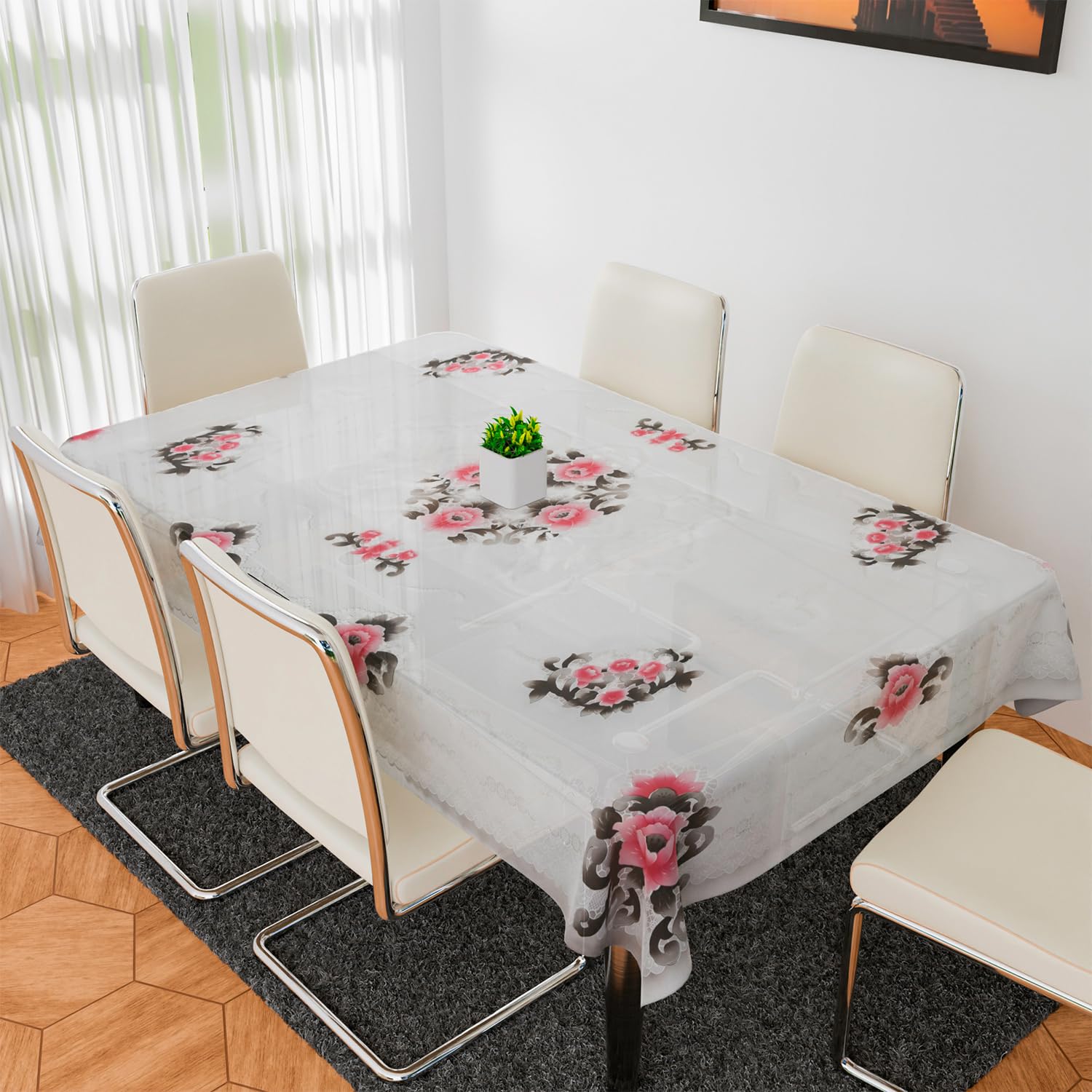 Kuber Industries Dining Table Cover | PVC 6 Seater Table Cloth Cover | Flower Almond Table Cover | Table Cover for Dining Table | 60x90 Inch | Black