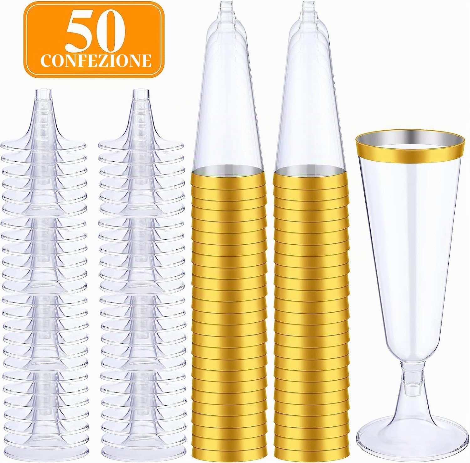 LATERN 50 Pezzi Riutilizzabili Flute da Champagne con Bordo in Dorato, 150ml Bicchieri da Champagne in Plastica Bicchieri da Vino con Gambo per Anniversario Matrimonio Giardino Feste (5,5 x 16,5cm)