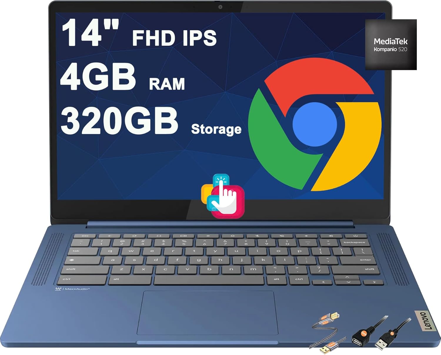 Lenovo IdeaPad Slim 3 Chromebook Laptop 14" FHD Touch (100% sRGB) MediaTek 8-core Kompanio 520 4GB RAM 320GB Storage (64GB eMMC+256GB SD Card) Privacy Camera Type-C 13.5-hr Battery Life ICP Accessory