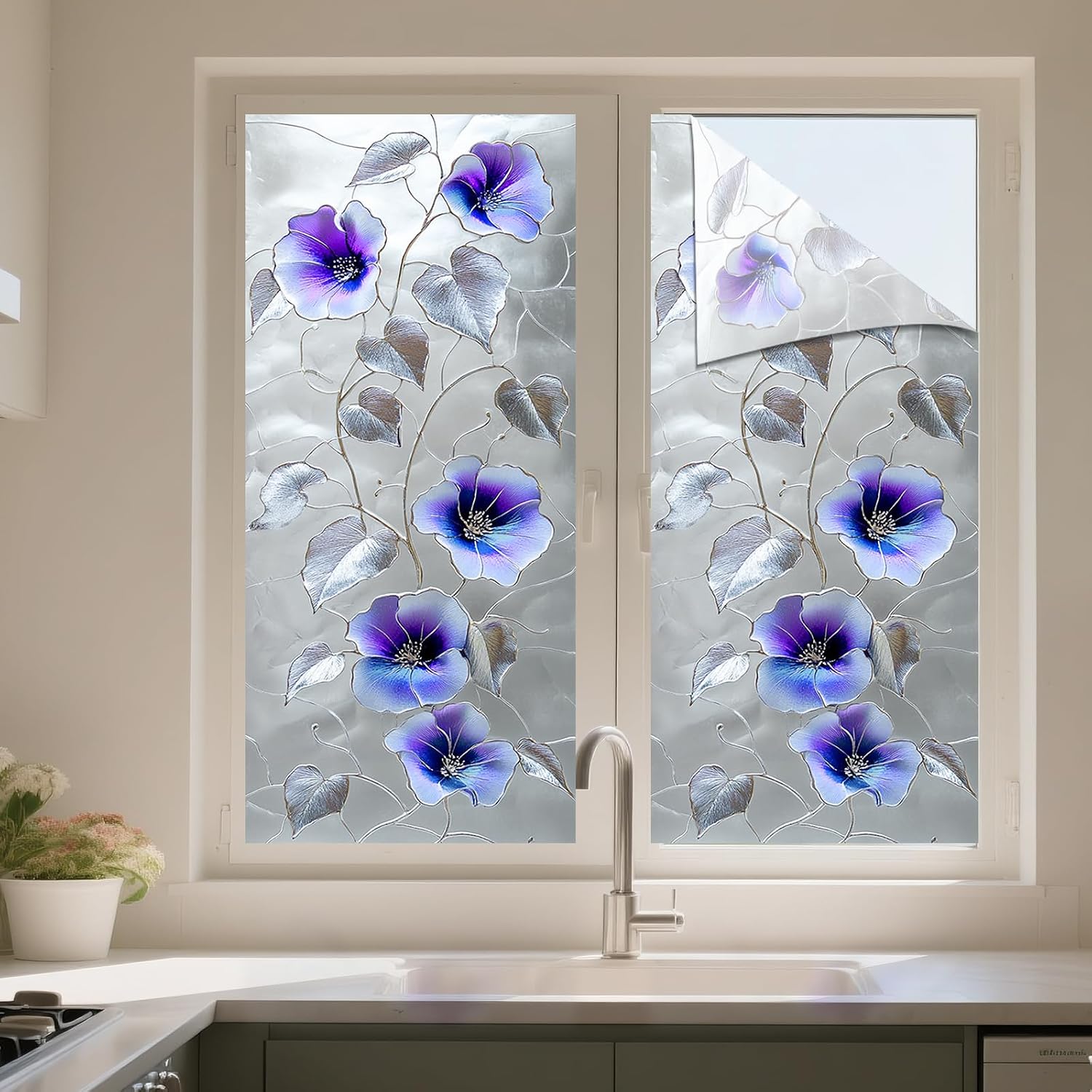 IVN Stained Glass Window Film Privacy Window Film Static Cling Window Film Purple Floral Decorative Window Film Sun Blocking for Bathroom Living Room Glass 17.7 x 39.3 Inch