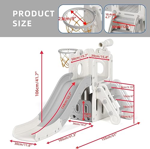 Miniatura 5 de KORIMEFA Juegos de parque infantil 5 en 1 para patios traseros al aire libre, juego de tobogán para niños en interiores con almacenamiento y pelota