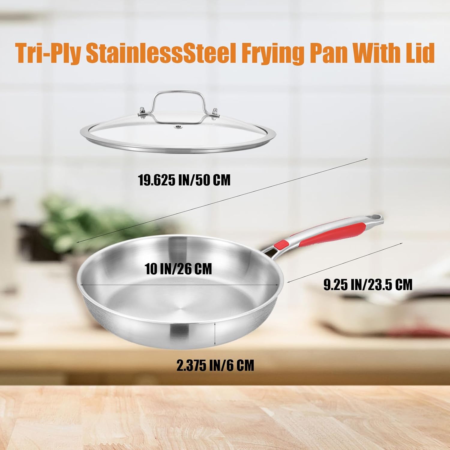 Inqibee 10 Inch Tri-Ply Stainless Steel Frying Pan with Lid, Skillet, Induction Cooking Pan, Heavy Duty and Dishwasher Safe, Detachable Handle - Image 5