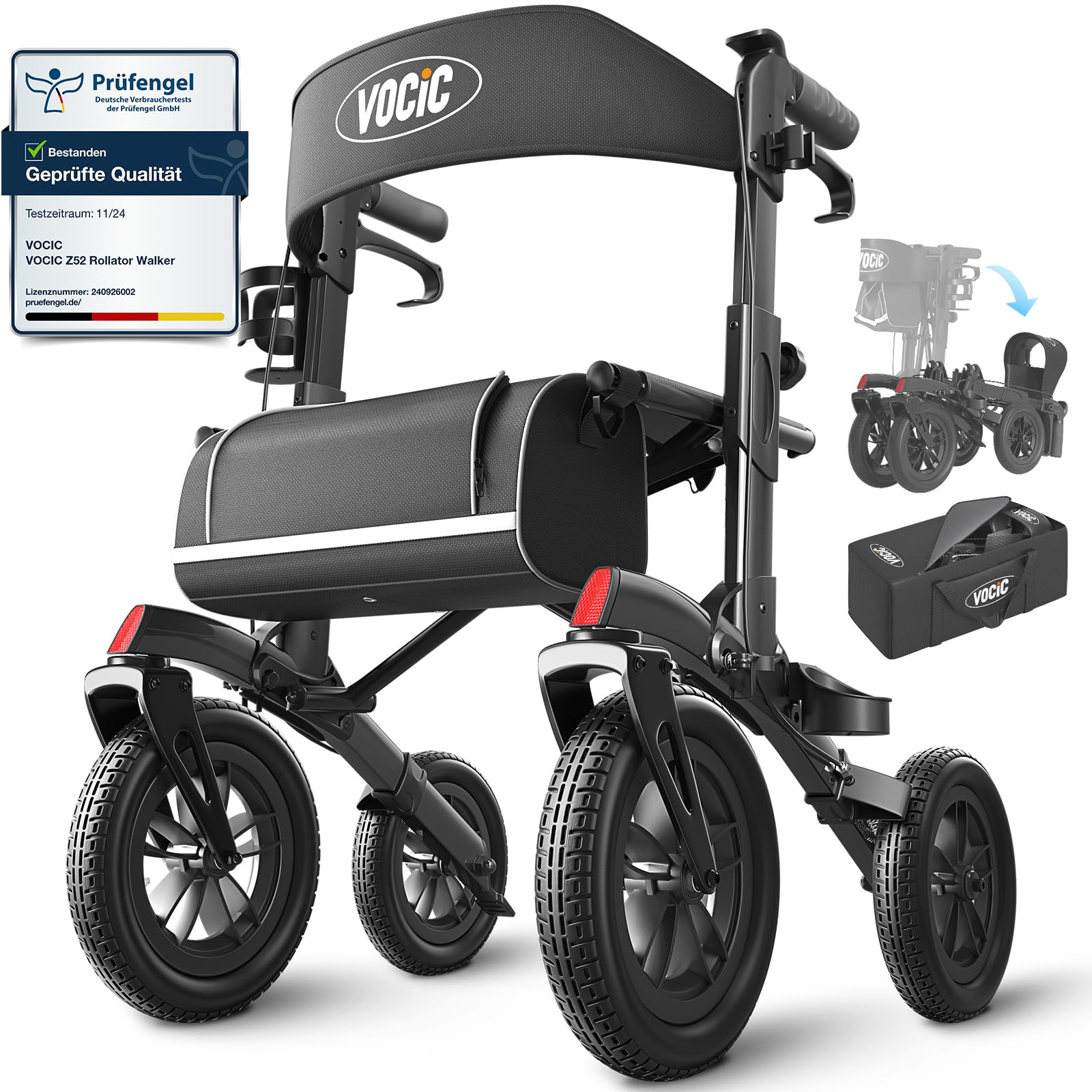 VOCIC Rollator Faltbar und Leicht mit Sitz Z52 Outdoor Walker Allen Gelände | Gummi-Nonluftbereifung, Aluminium Höhenverstellbare Rollatoren für Draußen & Langlauf & Reisen, Schwarz(5 Jahre Support)