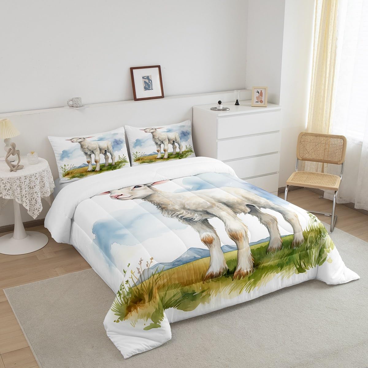 Erosebridal White Sheep Lamb Queen Comforter Set for Kids Girls Farmhouse Animal Bedding Sets,Blue Watercolor Down Comforter Green Botanical Plant Bedding Comforters & Sets,Soft 3pcs for All Season