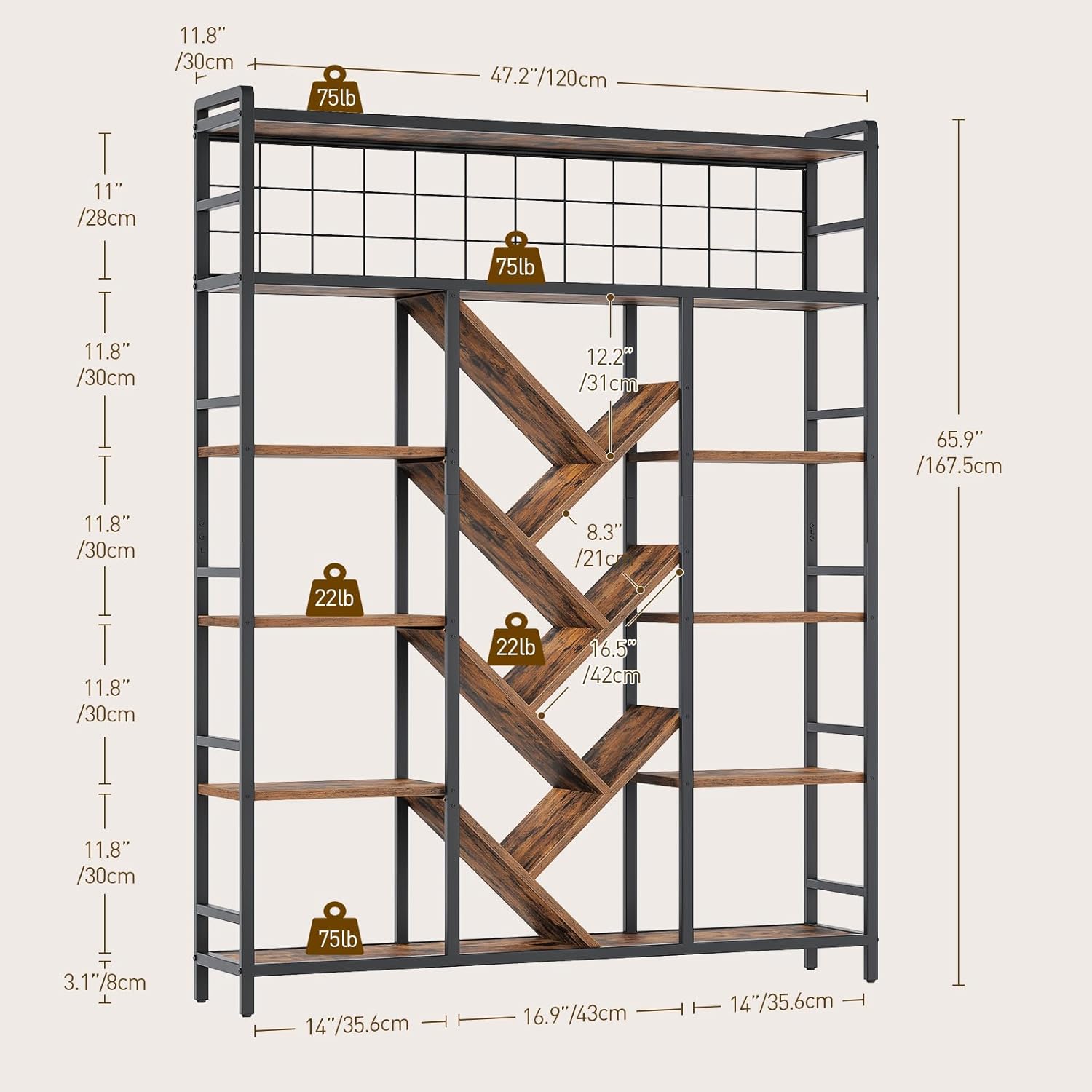 RALGEND Triple 6-Tier Bookshelf, Industrial Large Bookcase with 18 Open Display Shelves, Modern Tree Bookcase with Metal Frame and Hanging Function for Living Room, Home Office, Rustic Brown and Black
