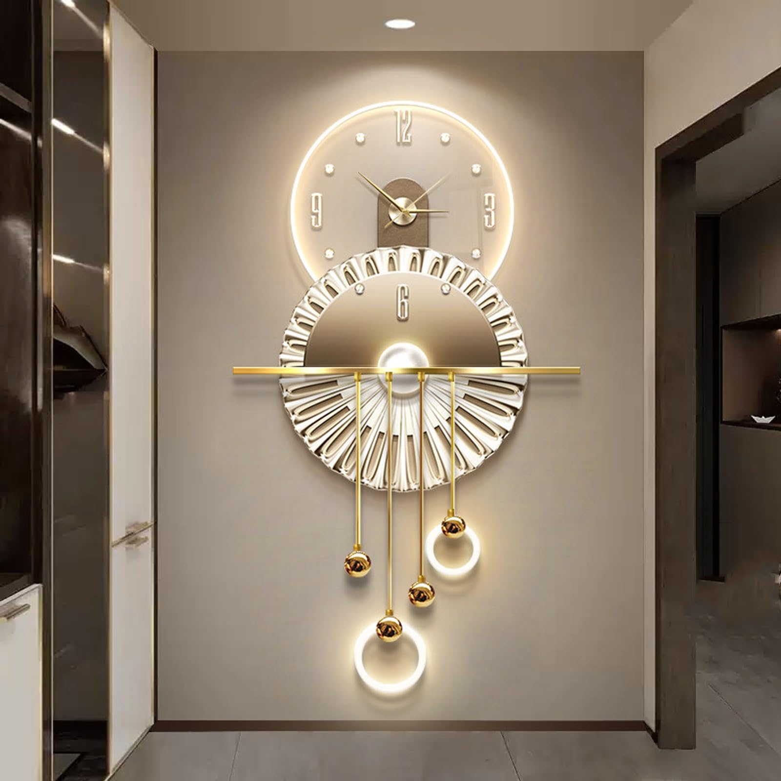 ITOSUI 3D Decorative Wall Clock Hanging Painting Modern Art,Creative Wall Clocks Painting with LED Light,Silent Clock,Plug-in,for Living Room,Dining Room,Background Wall Decor(Gold,19.7 * 39.4in)