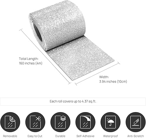 Miniatura 2 de Stickyart Papel tapiz plateado con borde autoadhesivo para pared, despegar y pegar, tela con purpurina extraíble, borde decorativo para dormitorio,