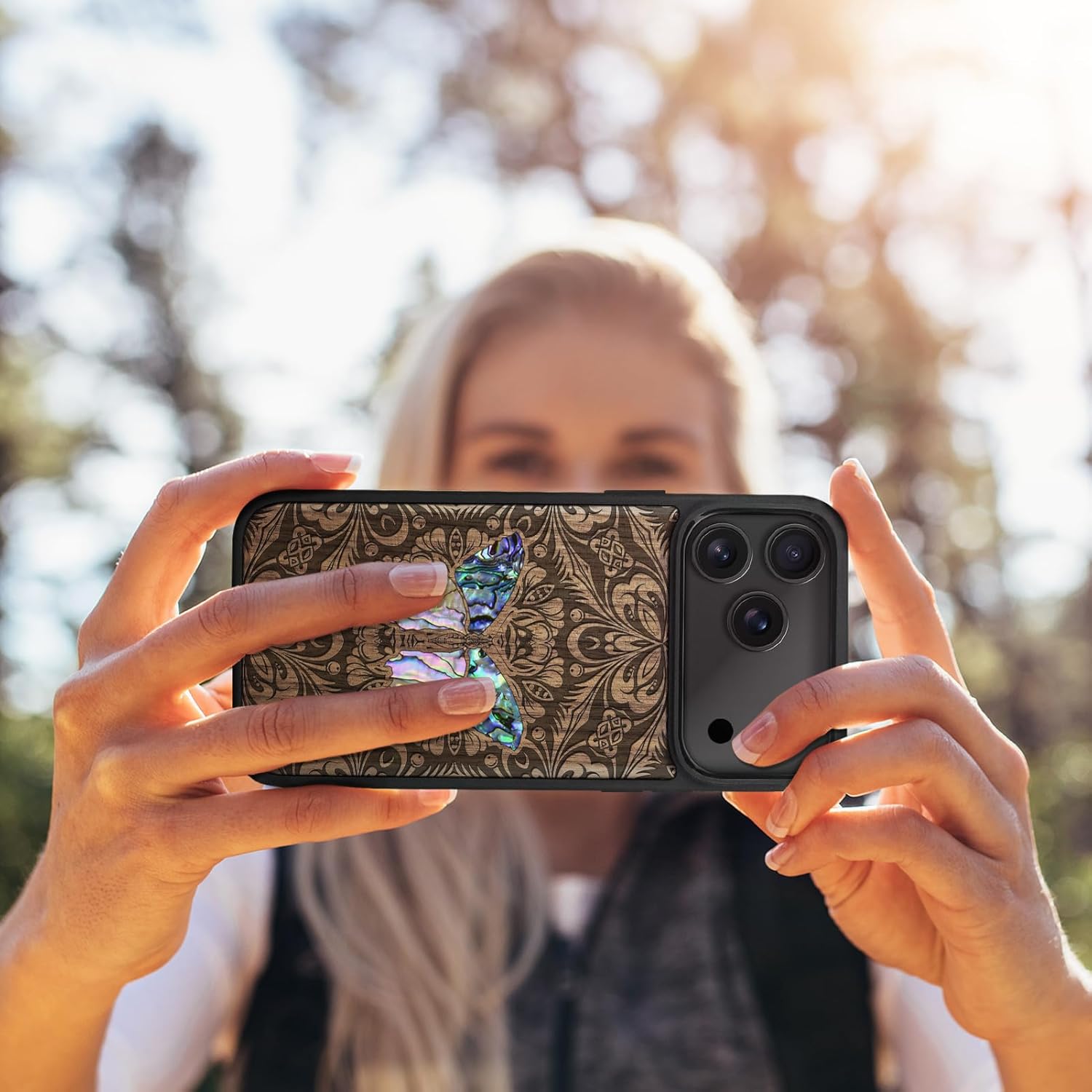 Carveit Magnetic Case for iPhone 17 Pro Max Case, Wood Artisan Engraved & Handmade Shell Inlaid, TPU Shockproof Cover, Compatible with MagSafe Wireless Chargers (Baroque Butterfly-Walnut)