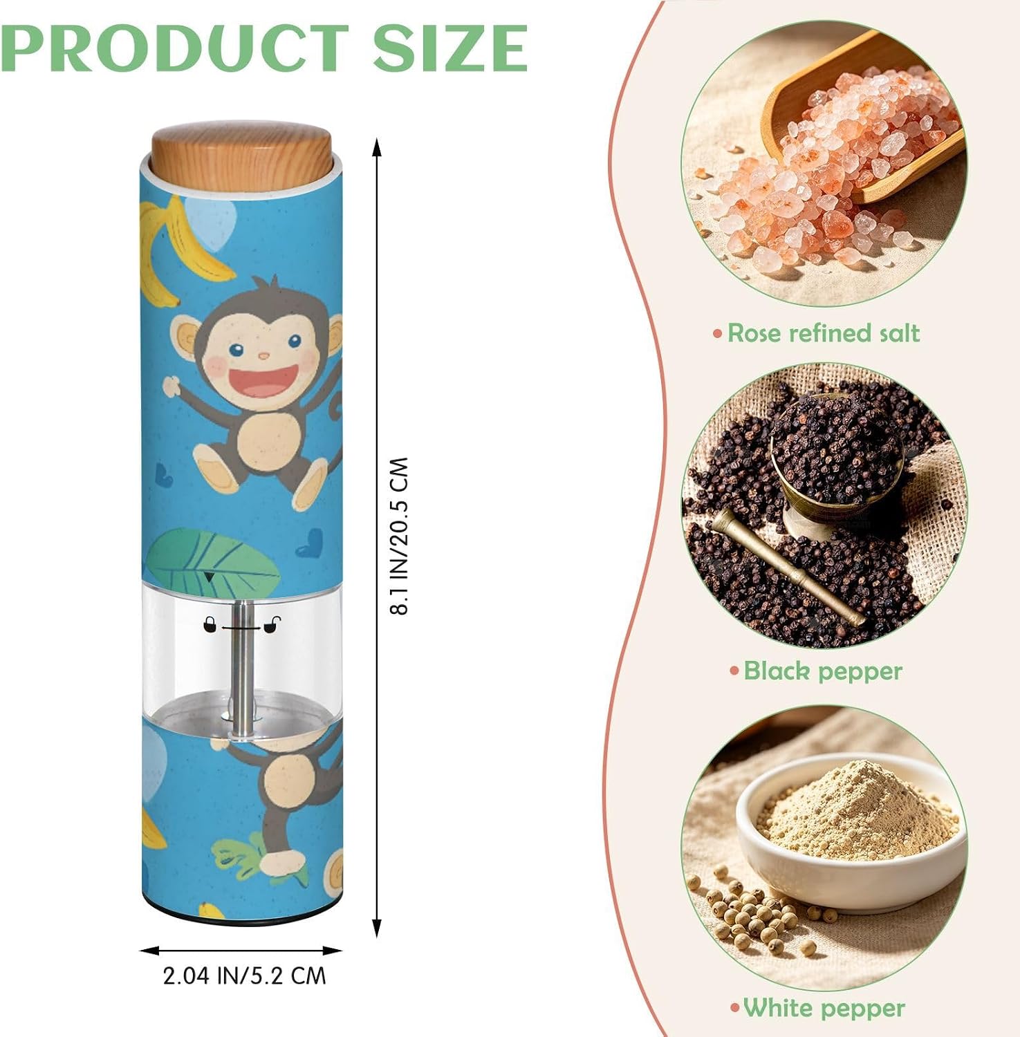 ALAZA Electric Pepper Grinder with Adjustable Coarseness, Cute Monkey Pattern Pattern Battery Automatic Salt and Pepper Mill with Led, One-Handed Operation Spice Grinder for Kitchen, Camping & BBQ