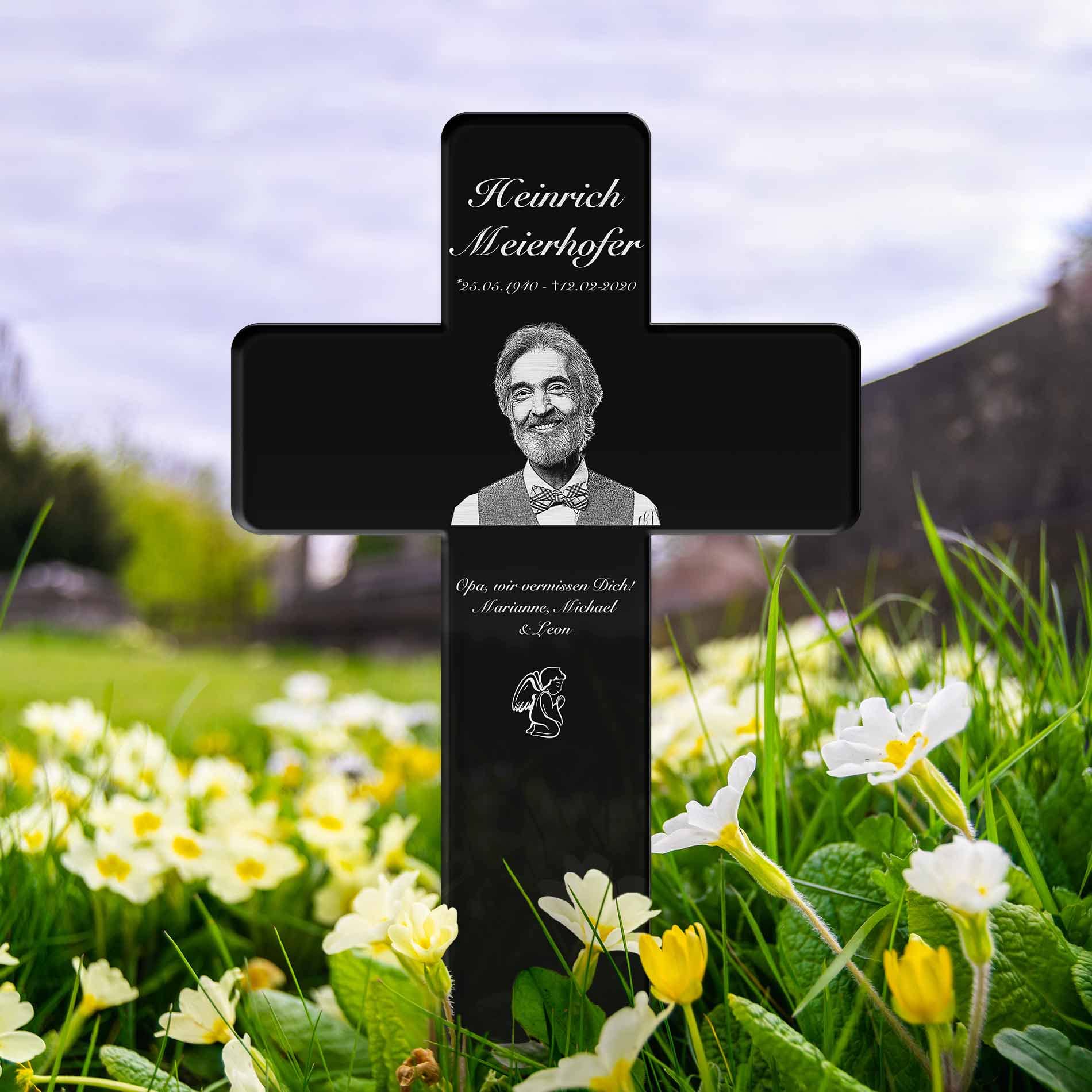 Personalisiertes Grabkreuz mit Gravur aus Hochglanz Acrylglas - Grabstecker Kreuz als wetterfester Grabschmuck mit Gravur - Grabdeko für Urnengrab Grab - schöne Trauer Deko Friedhof (Mit Foto)