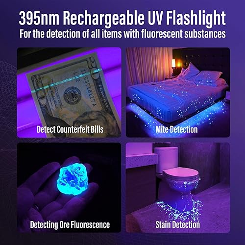 Miniatura 5 de RECHOO Linterna UV de luz negra, 21 LED 395 nm, linterna recargable ultravioleta, luz UV, linternas portátiles impermeables para detección de orina