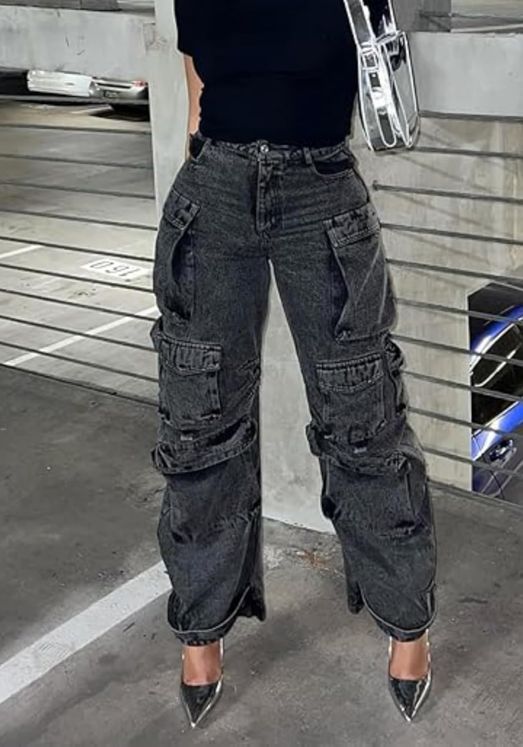 Unybwonn Women Rhinestone Cargo Jeans High Waisted Baggy Sexy Sparkly Cut Out Ripped Distressed Stretchy Denim Pants - Image 4