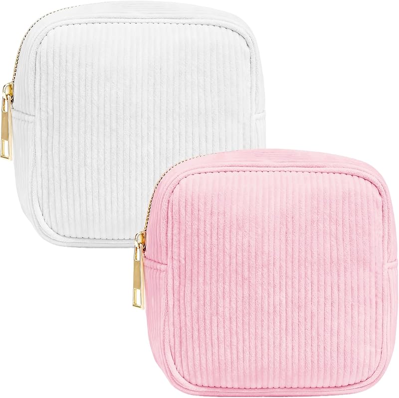 Lestp 2 necessaires pequenas de veludo cotelê com zíper, branca e rosa