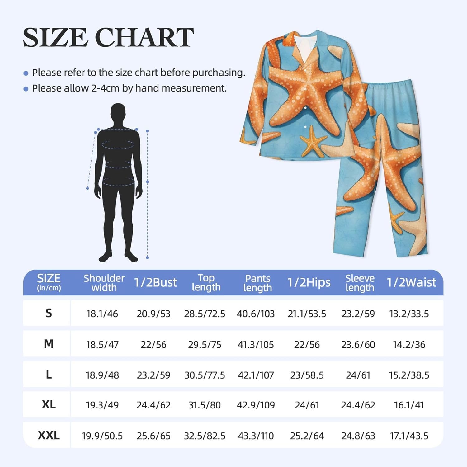 Blue Background Starfish Print Luxurious Mens Pajamas Set,Soft Breathable Pajamas, Perfect For Winter Christmas