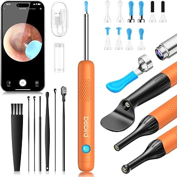BEBIRD R1 Wax Removal Tool for Ear - Spade Ear Canal Cleaner with Camera 1080P Earscope, Wax Remove Ear Picker with Vari Replacement Tips, Camera with 6LED Light, Orange