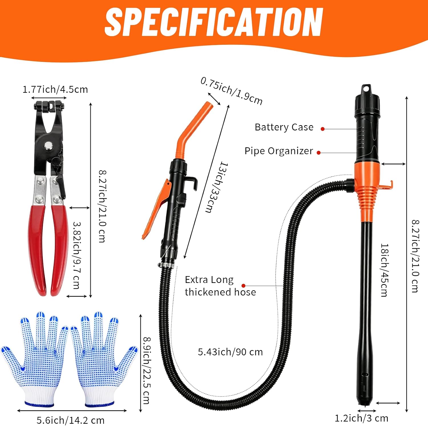 Electric Fuel Transfer Pump, 3.2 GPM Portable Fluid Transfer Pump with Oil Pipeline, Battery Gas Pumps with Flow Control Nozzle, Includes Gloves, Hose Clamp & Pliers – for Car, Boats