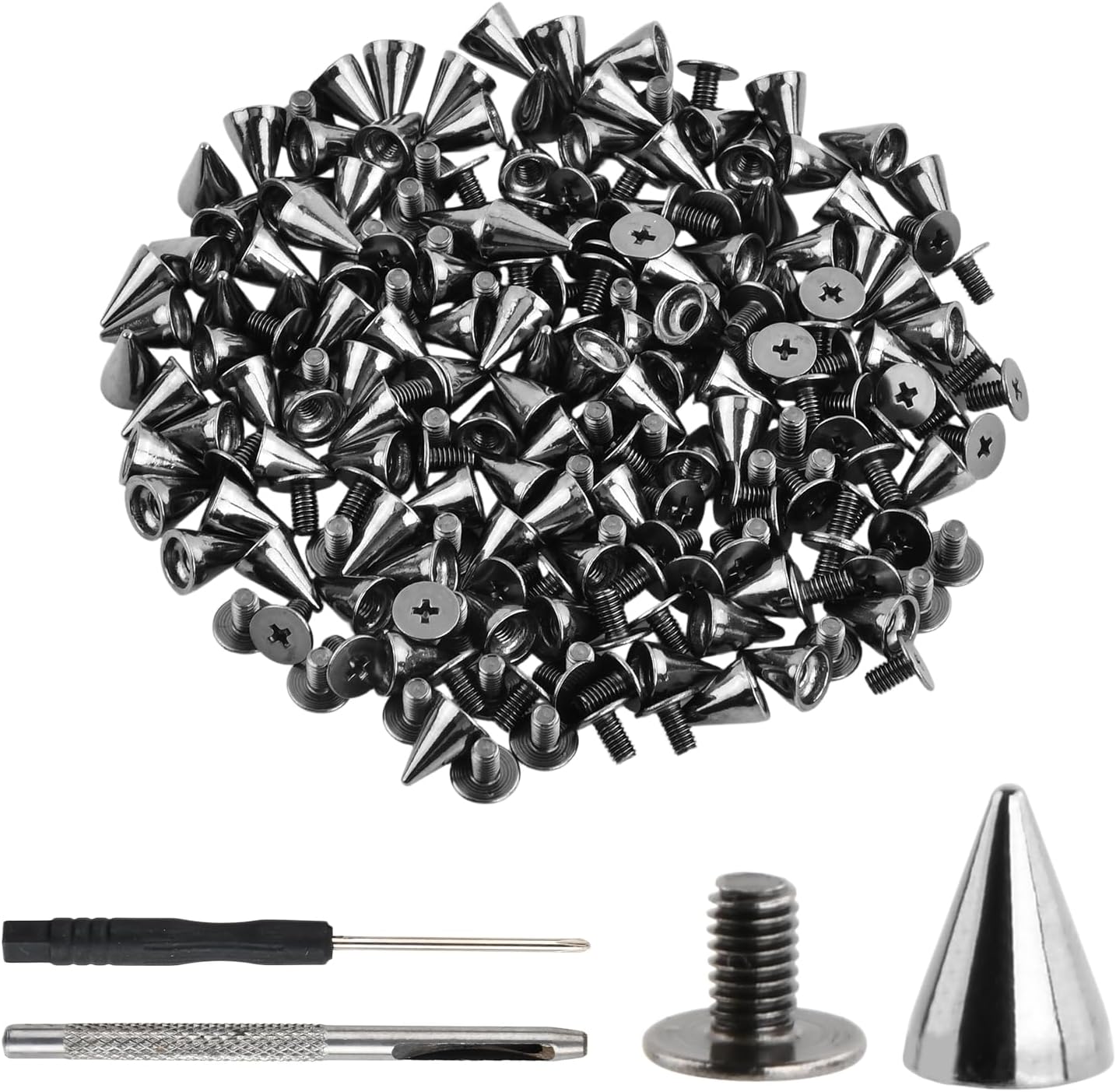 100 Sets 7 x 10 mm Bullet Cone Spikes and Rivets Metal Punk Decorative Rivets Screw Rivets Pointed Metal Gothic Spikes for Clothing Shoes Leather Belt Bag DIY Craft Decoration