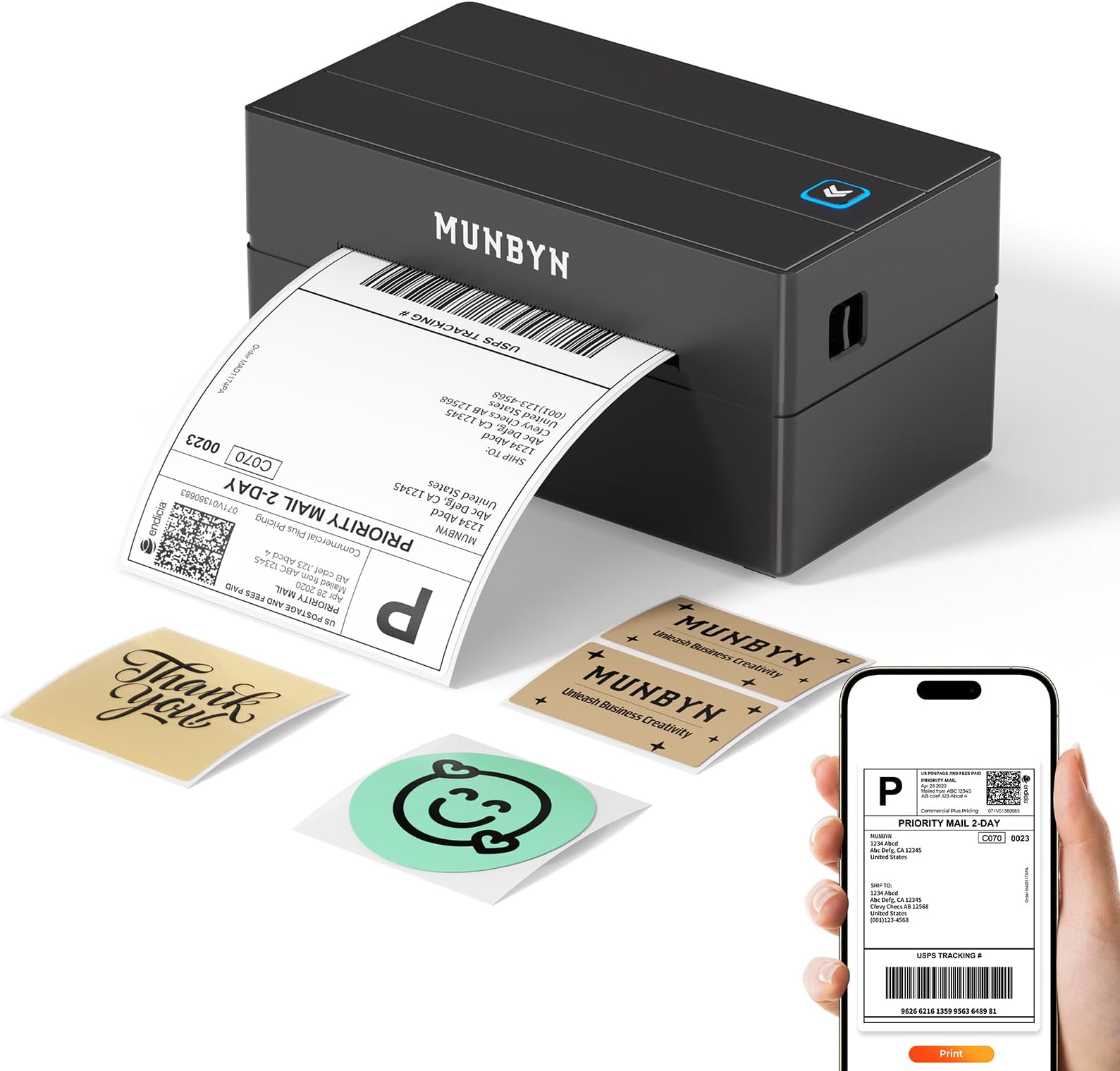 MUNBYN Shipping Label Printer Bluetooth, Postage Thermal Label Printer 4x6 for Business, Compatible with Etsy, Shopify, Amazon, Royal Mail, DHL, DPD, Evri, with 25 Labels, 130B, Black