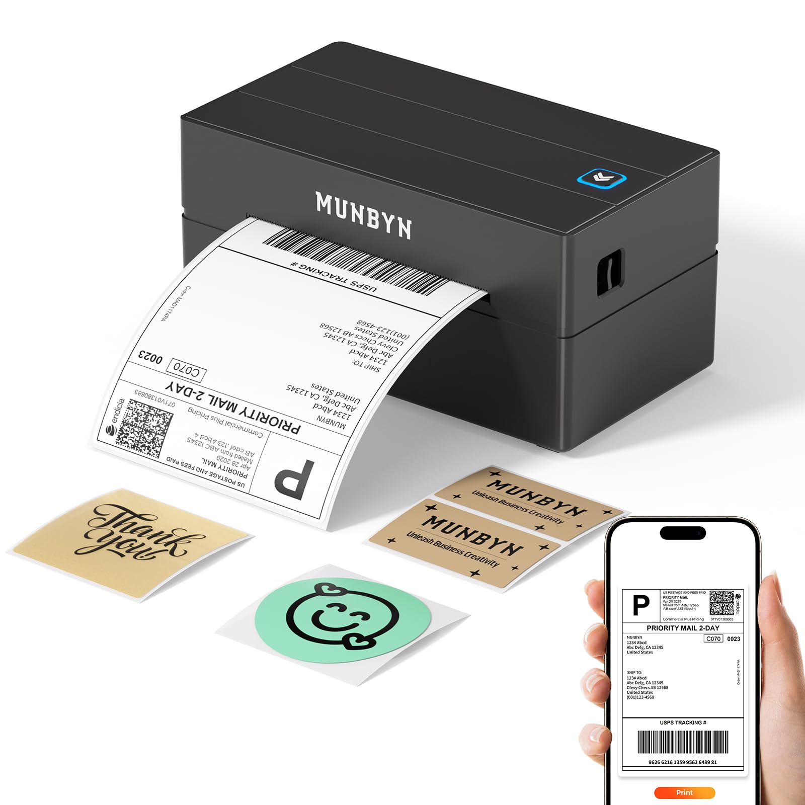 MUNBYN Shipping Label Printer Bluetooth  Postage Thermal Label Printer 4x6 for Business  Compatible with Etsy  Shopify  Amazon  Royal Mail  DHL  DPD  Evri  with 25 Labels  130B  Black