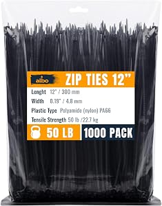 ALBO Zip Ties Black 12 Inch 1000 Pack Long Plastic Cable Ties Thick 0.19 Inch Tie Wraps Heavy Duty 50 lb UV Resistant Nylon Wire Ties for Indoor and Outdoor
