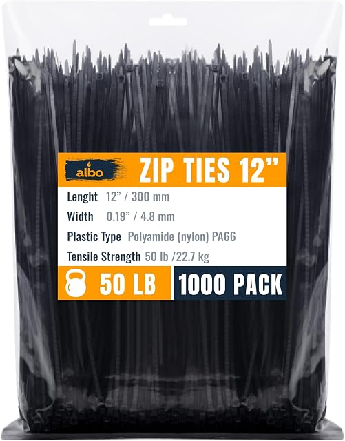 ALBO Cravates Zip Noir 12 1 cm 1000 Pack câble en plastique long est épais 0.19 C'est un poids lourd. 50 Voir lb UV Cravates en Nylon résistants pour intérieur et extérieur