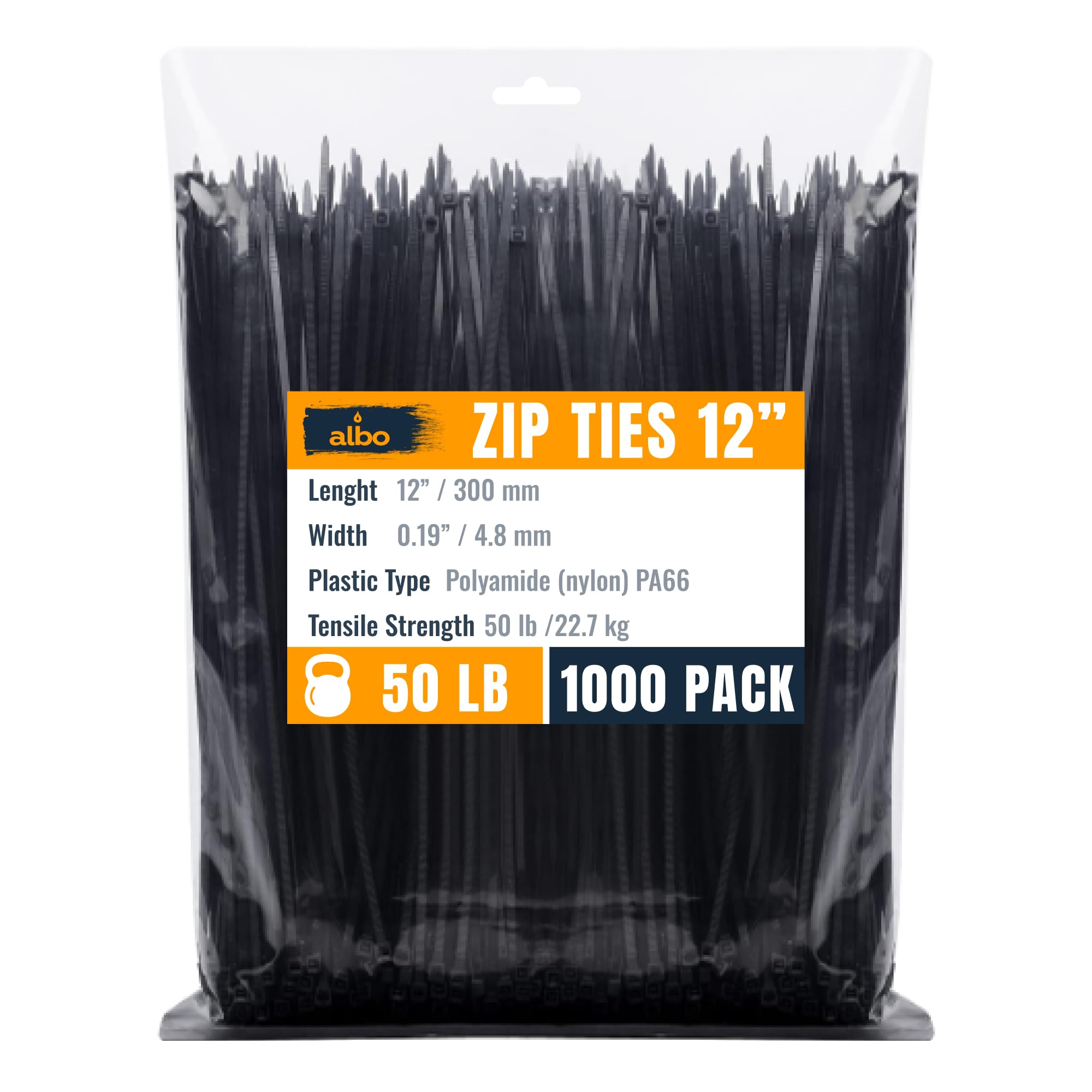 ALBO Lot de 1000 attaches éclair noires de 30,5 cm de long en nylon épais de 0,5 cm de long – Résistantes aux UV – Pour intérieur et extérieur