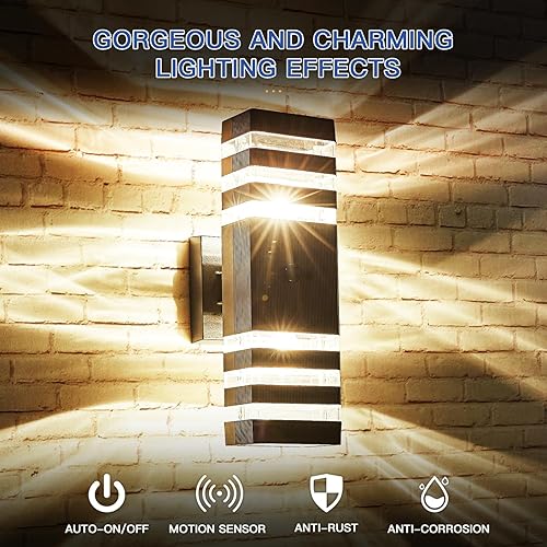 Miniatura 6 de Paquete de 2 lámparas de pared con sensor de movimiento para exteriores, luces de porche arriba y abajo, modernas luces de atardecer a amanecer,
