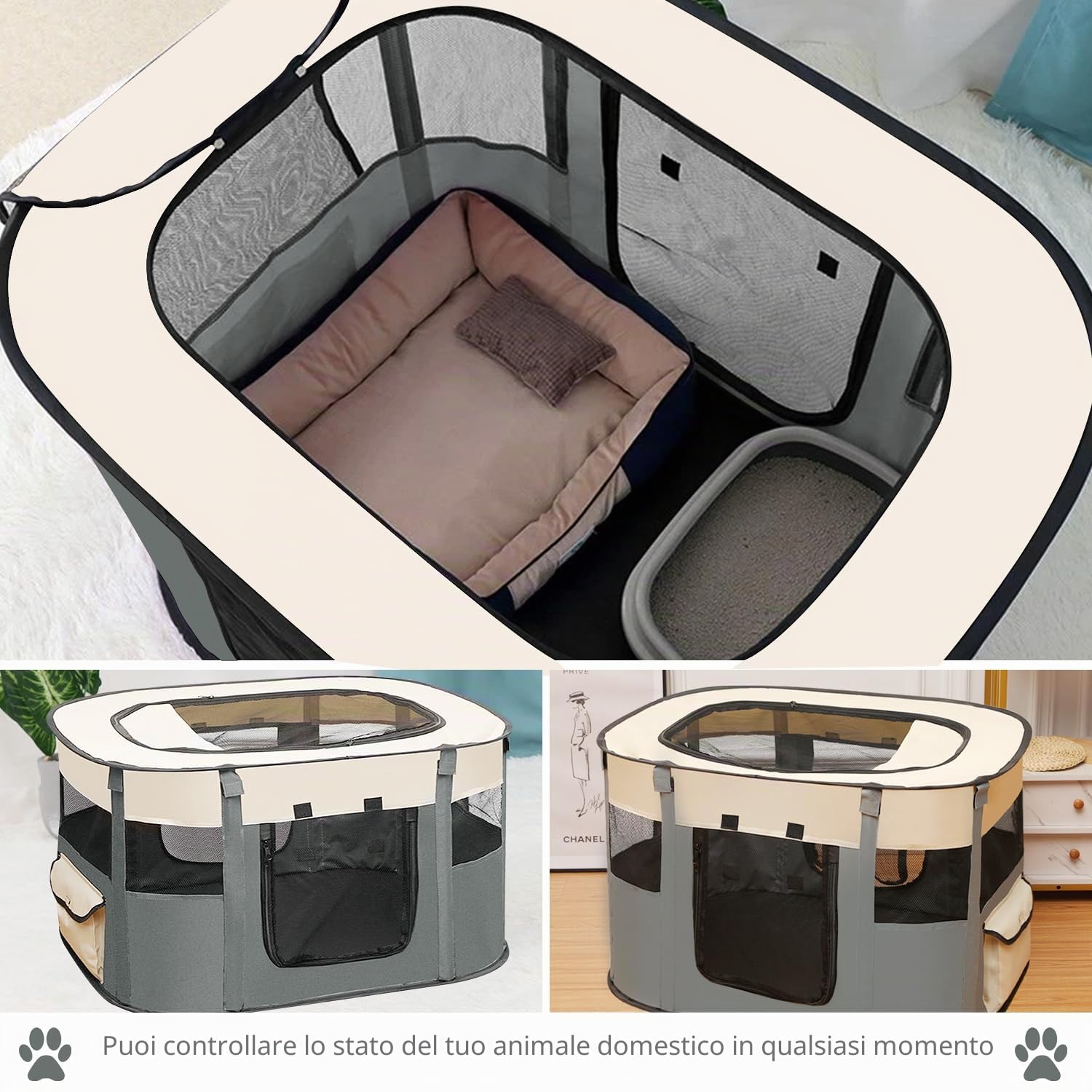Recinto per Animali Pieghevole - Box per Cani e Gatti da Interno, Grigio 70 x 55 x 40 cm, Traspirante e Portatile - per Cuccioli, Gatti, Conigli
