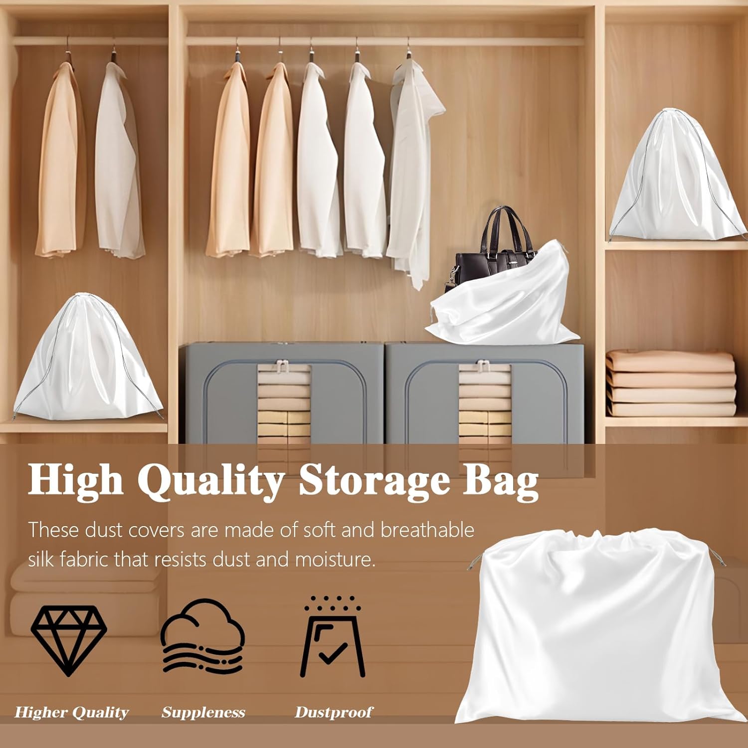 16pcs Dust Bags for Handbags, Silk Drawstring Bags Purse Dust Covers for Handbags, Drawstring Travel Organizer Pouch for Shoes Handbag Purses(White)