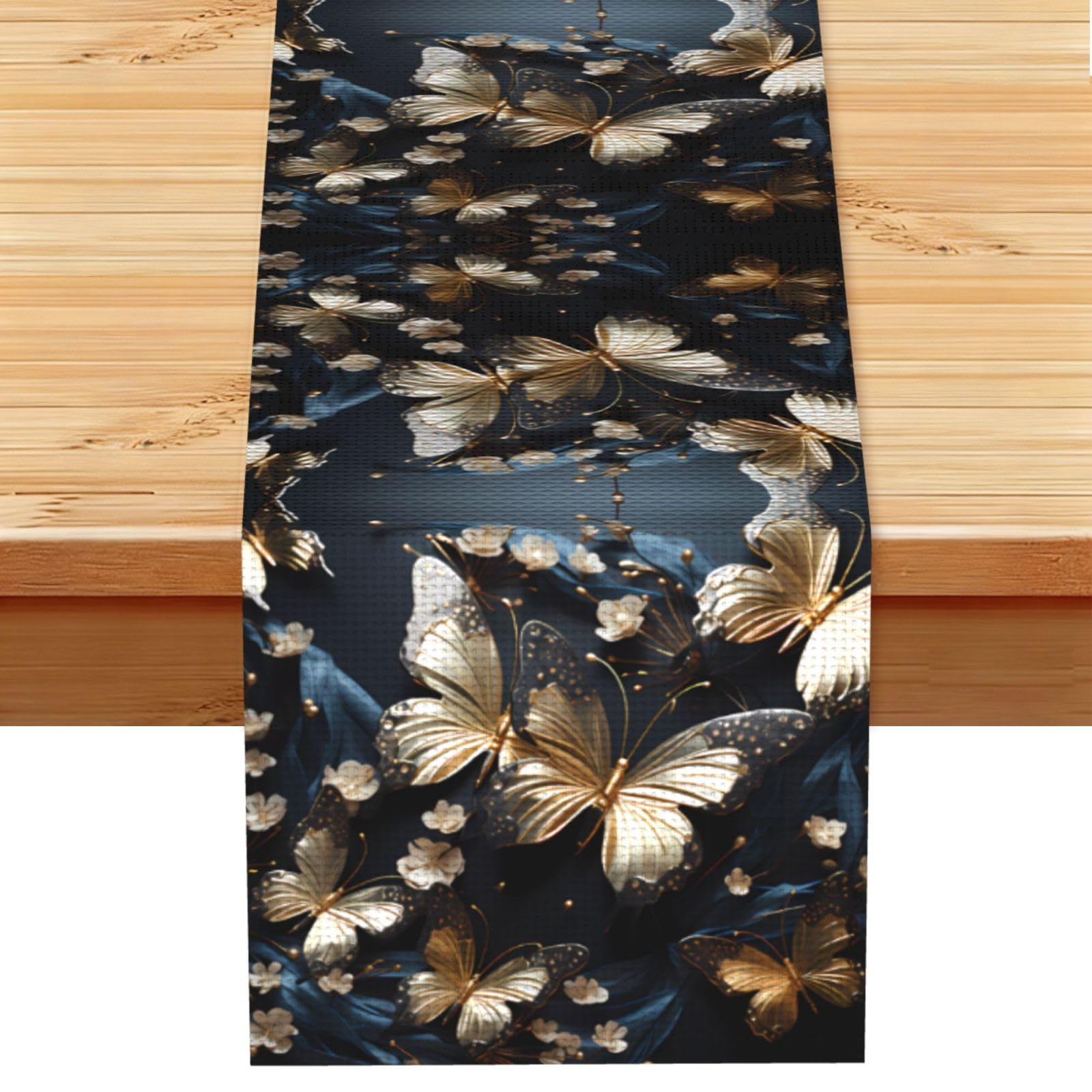 Gold White Butterflies Black Table Runner 13x72 Inch Dining Decor