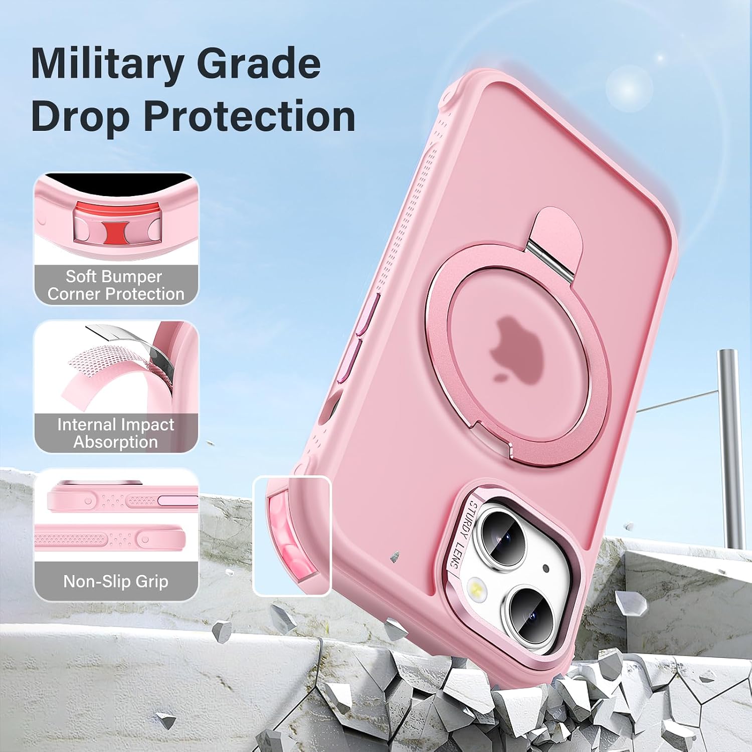 Designed for iPhone 15 Case with Magnetic Stand, [Military Drop Protection][Great Grip Feeling] Matte Translucent Back Slim Shockproof Phone Cover for iPhone 15 6.1", Pink