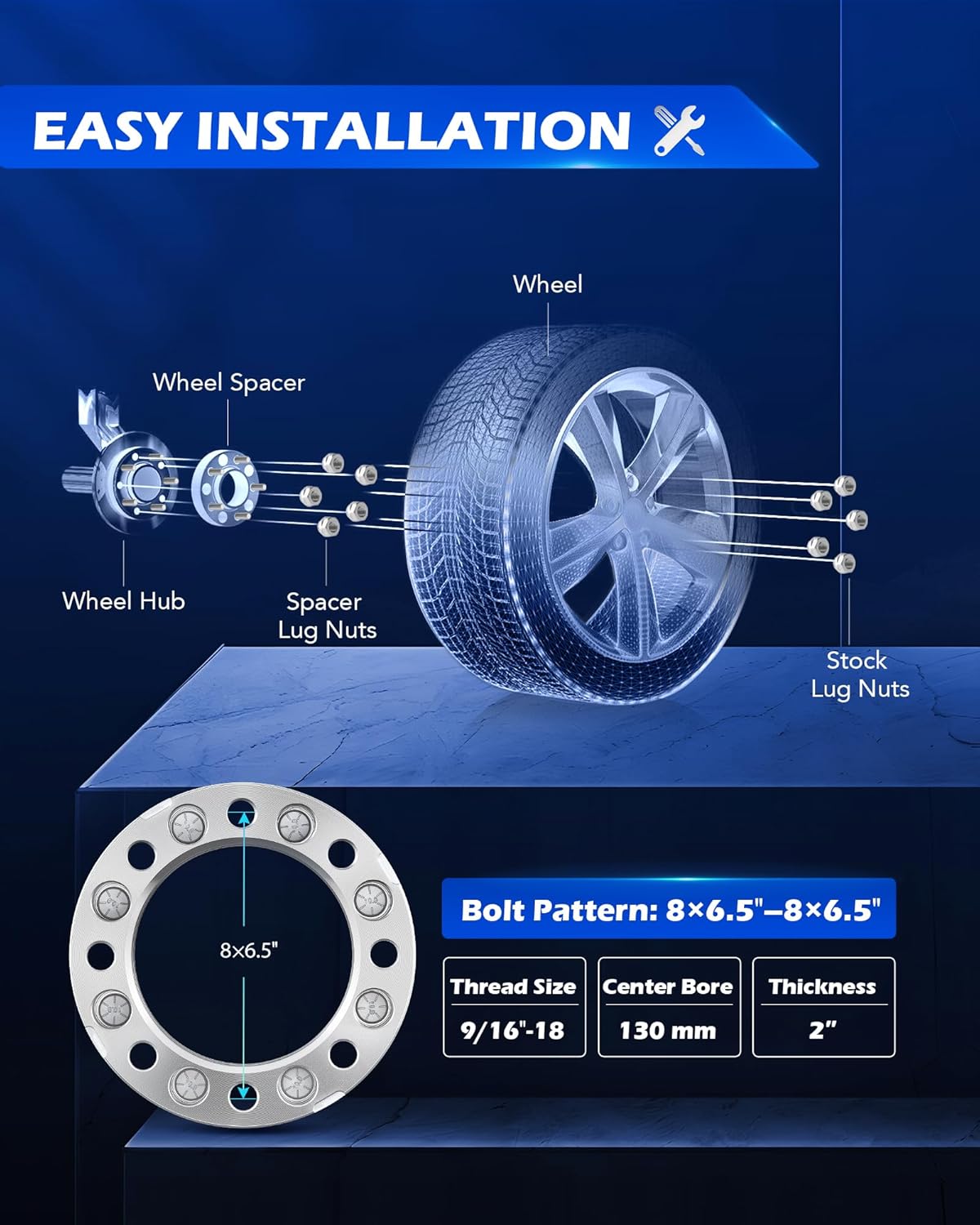 Orion Motor Tech 8x6.5 Wheel Spacers, 2 Inch Wheel Adapters with Studs Compatible with 1994-2011 Dodge Ram 2500 3500 1988-1998 Ford F250 F350, 8x165.1 Wheel Spacer Kit with 130 mm Hub Bore, Set of 4