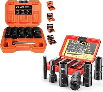 XEWEA 1/2" Drive 6PCS Lug Nut Remover and 6PCS Flip Impact Socket Set, Wheel Lock Removal Kit, Thin Wall Nut Sockets Easy Out Extractor Set for Damaged, Frozen, Rusted, Rounded-Off Bolts