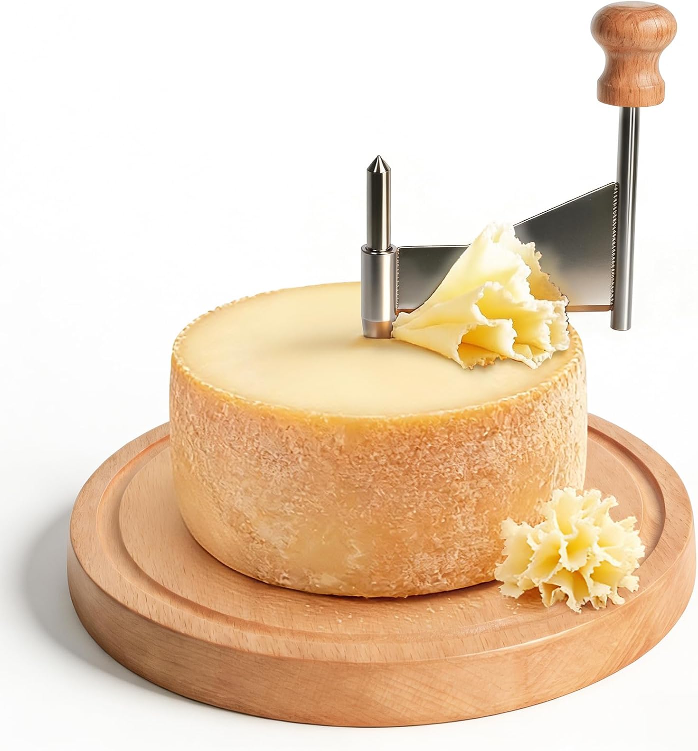 Girolle Cheese Curler Wheel Wood - Cheese Slicer Cutter for Tête de Moine, Chocolate & Butter Curls - Cheese Shaver made of Stainless Steel