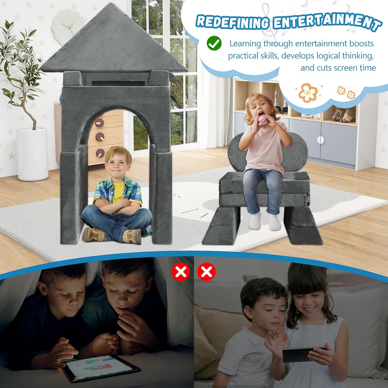 Kayfia 18PCS Modular Kids Play Couch, Kids Couch Building Fort for Playroom and Bedroom Furniture for Toddlers, Unlimited Creativity Sofa Convertible Play Fort (Grey)