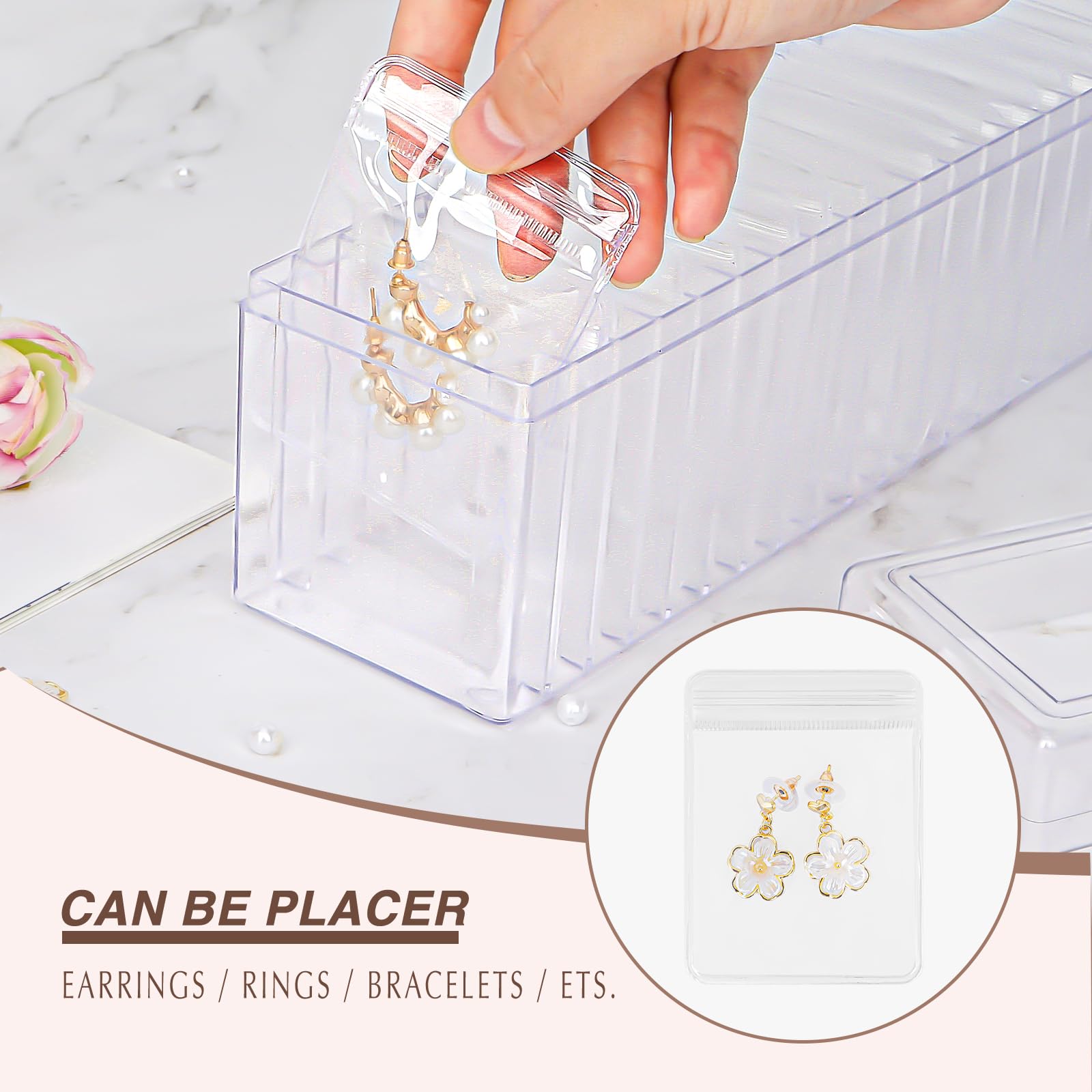 Joyero de acrílico organizador de joyas transparente con tapa, estuche de almacenamiento de viaje, para aretes, anillos, collares, caja transparente de 2 piezas, con 40 bolsas de joyería 3