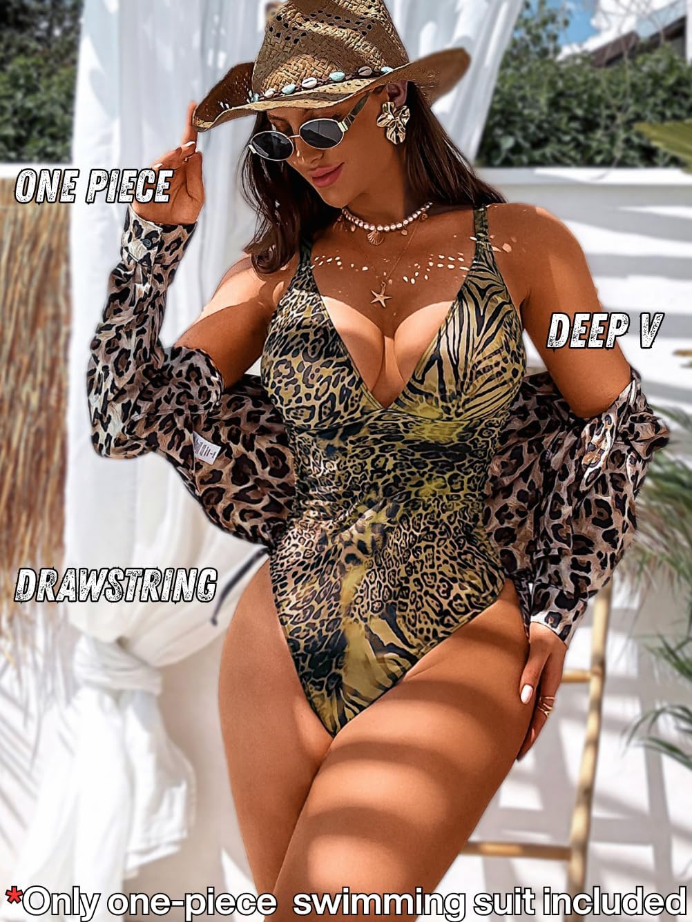 ShawGobow Cheetah Print Bathing Suit,Deep V High Cut Sexy One Piece Swimsuit Womens,Leopard Monokini Beach Pool Party