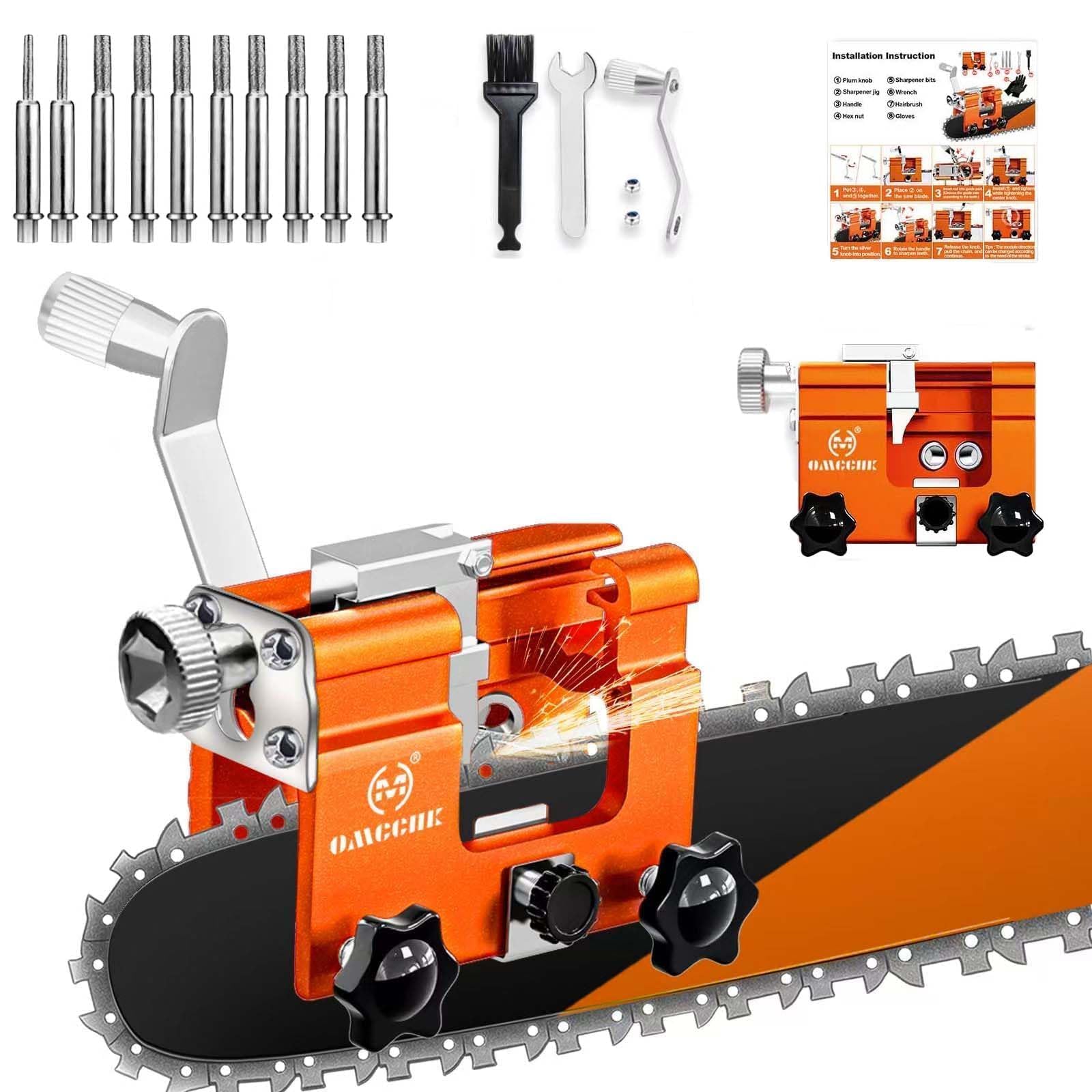 Kettensägen-Schärfgerät mit 10 Wolfram-Schleifköpfen, tragbarer Handschärfer mit silberner Handkurbel, universal für 4" – 22" Motorsägen