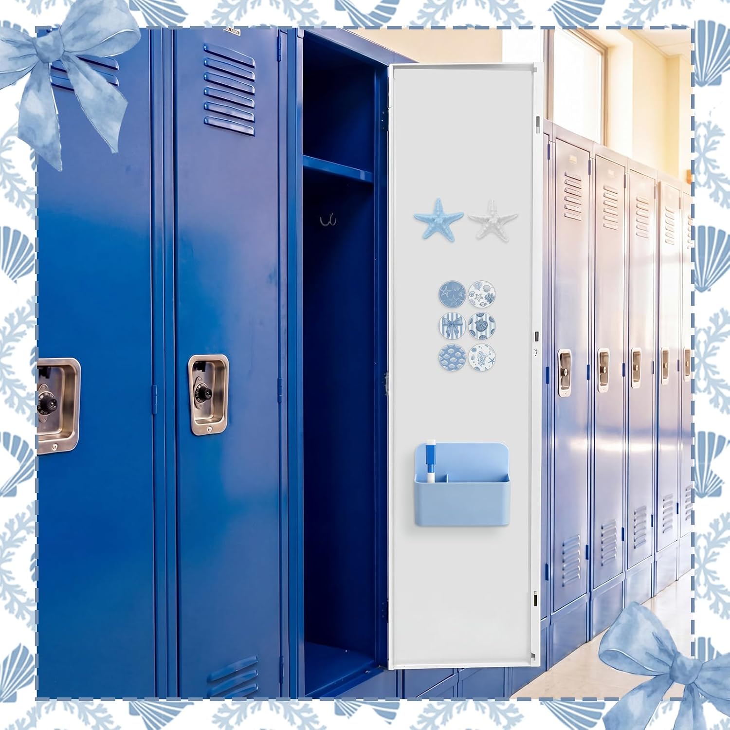 22 Pcs Coastal Locker Accessories for Girl Starfish Seashell Coral Blue Locker Decoration Stuff Organizer Decor Magnetic Whiteboard Mirror Marker Magnet Pen Holder Back to School Essential