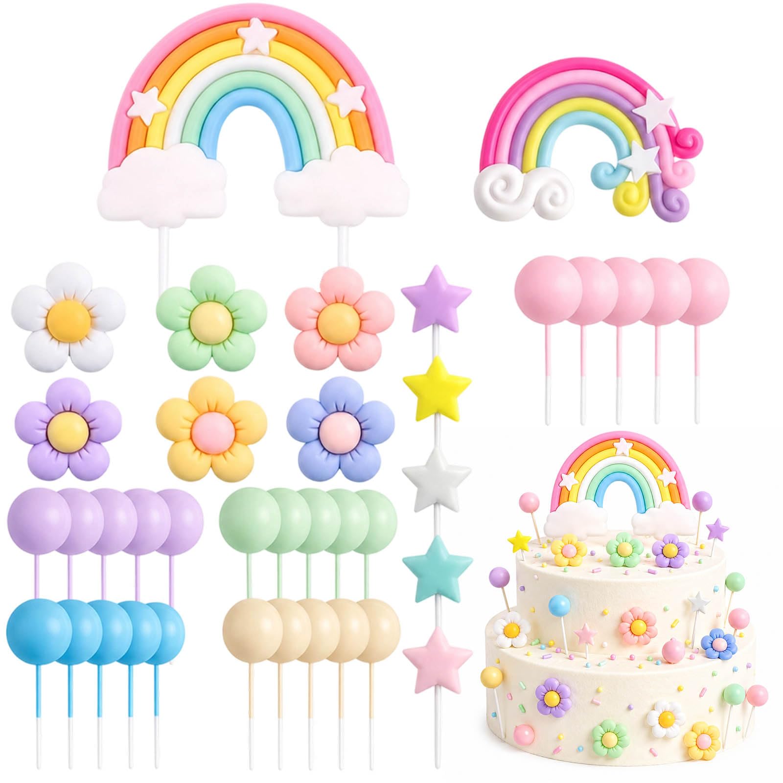 38-Piece Rainbow Cake Decorations Set, Birthday Cake Toppers for Girls, Colorful Rainbow Cake Topper and Baking DIY Accessories for Theme Party