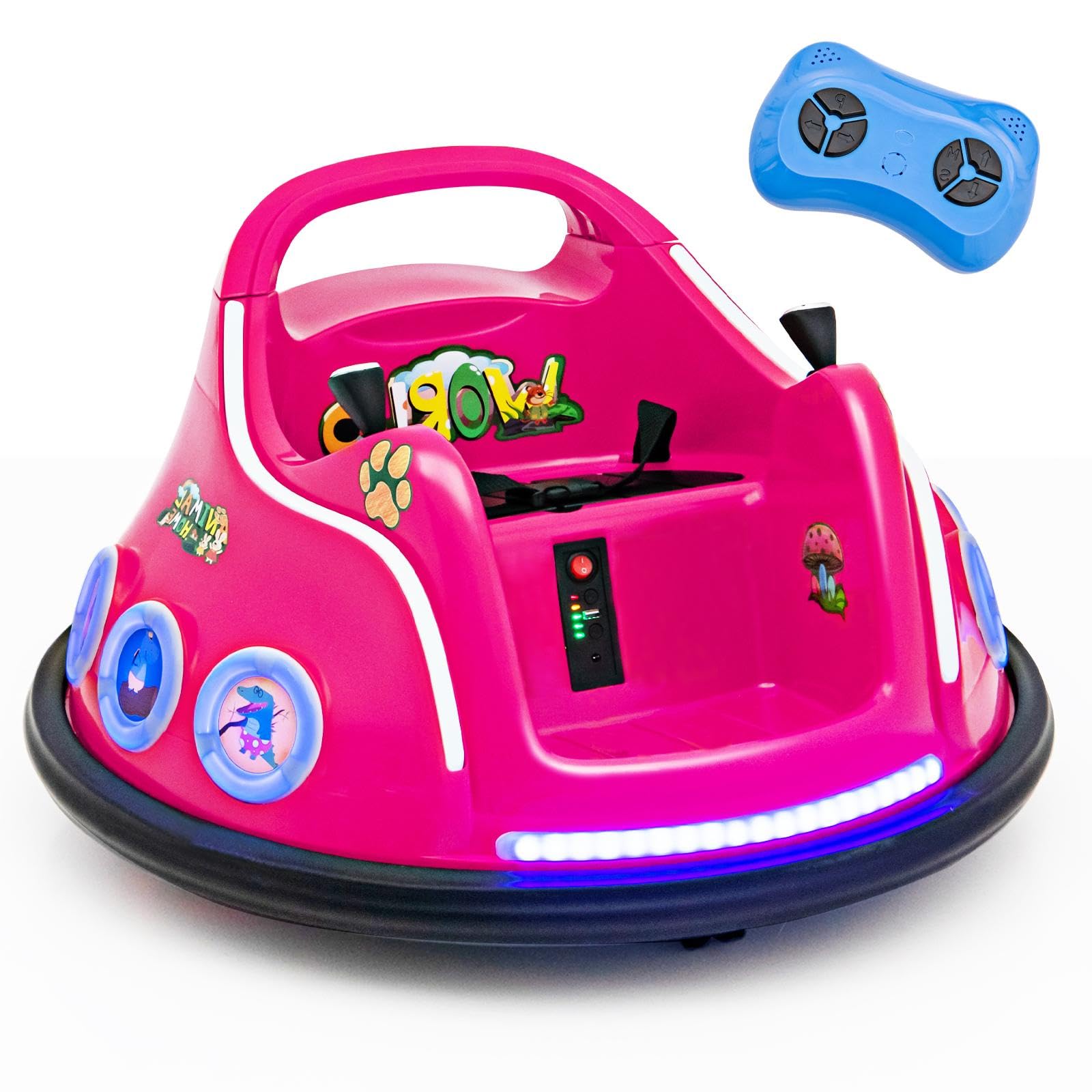 GOPLUS Voiture Électrique Enfants 1 Place 12V avec Lumière, Musique, Rotation à 360º avec Télécommande Parental, Auto-Tamponneuse Electrique pour Enfants 3-8 Ans, 73X73X43CM(Bleu) (Rose)