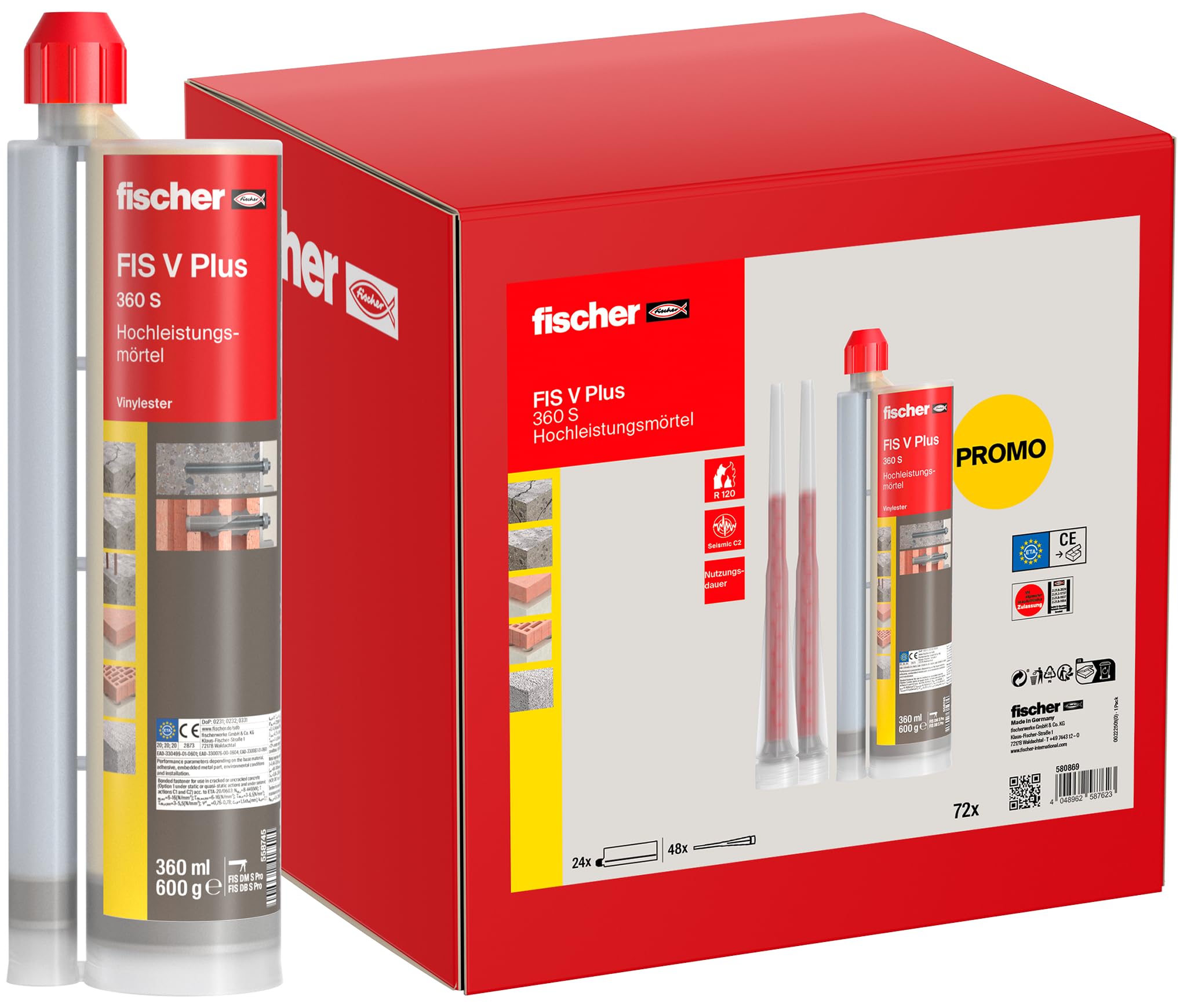 fischer Hochleistungsmörtel FIS V Plus 360 S im Umkarton, Injektionsmörtel mit ETA-Zulassung, für Beton und Mauerwerk, auch für wassergefüllte Bohrlöcher, 24 x 360 ml Kartuschen und 48 x Statikmischer